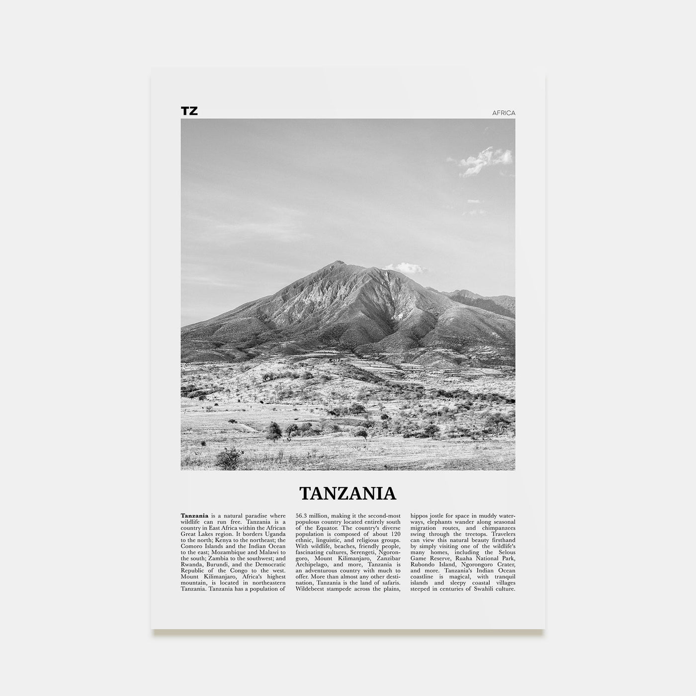 Tanzania Travel B&W Poster