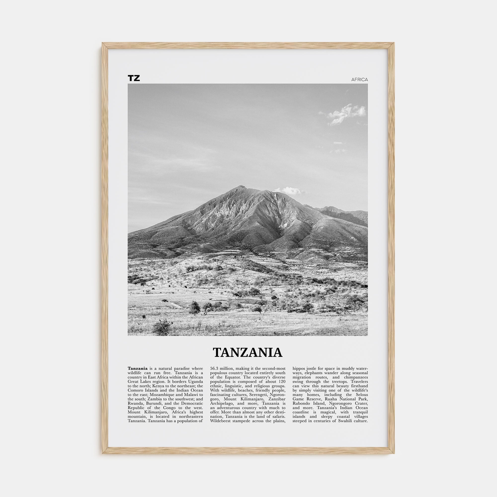 Tanzania Travel B&W Poster