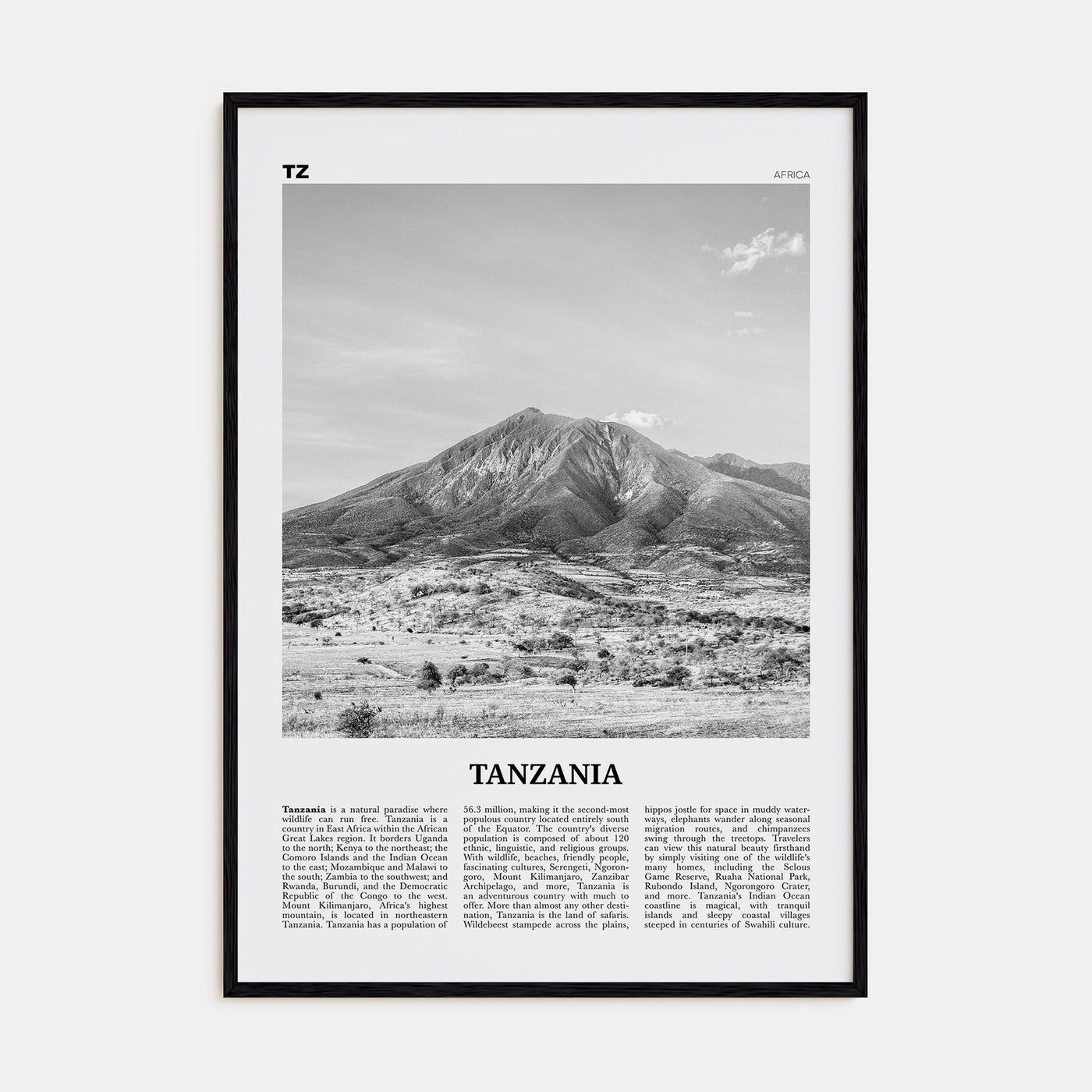 Tanzania Travel B&W Poster