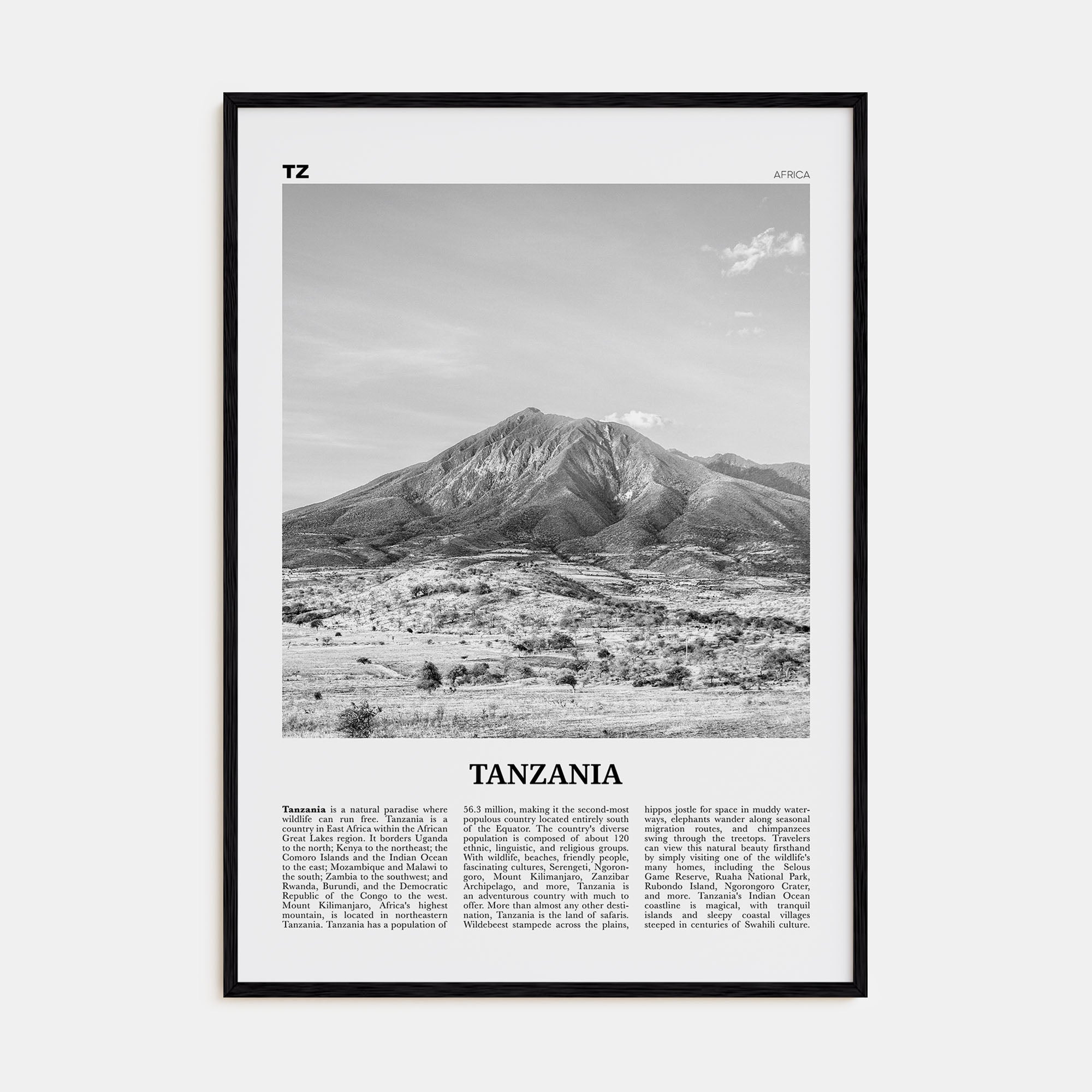 Tanzania Travel B&W Poster