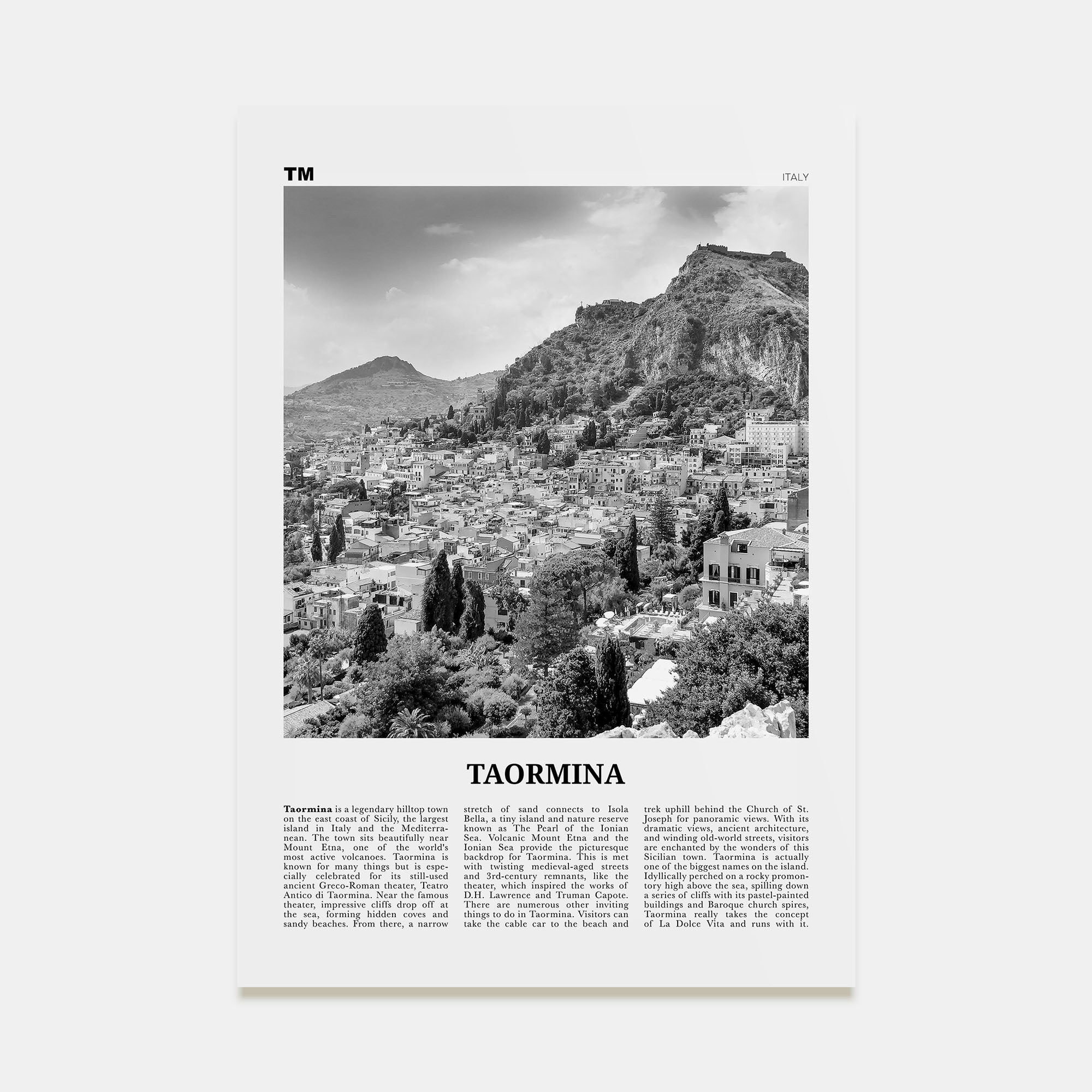 Taormina Travel B&W Poster