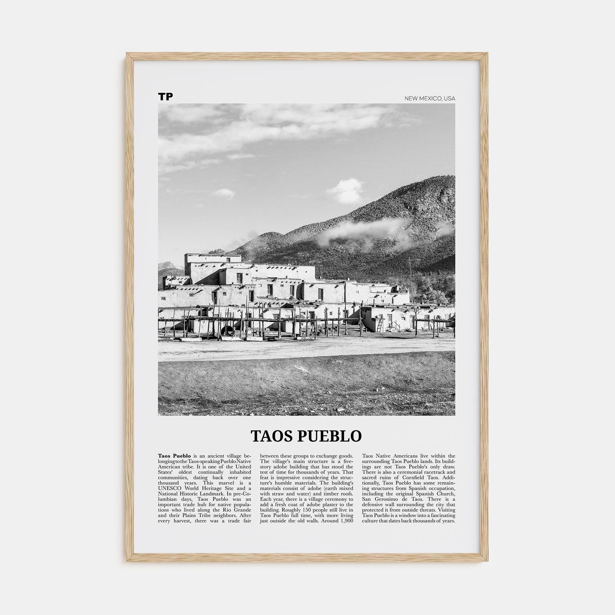 Taos Pueblo Travel B&W Poster