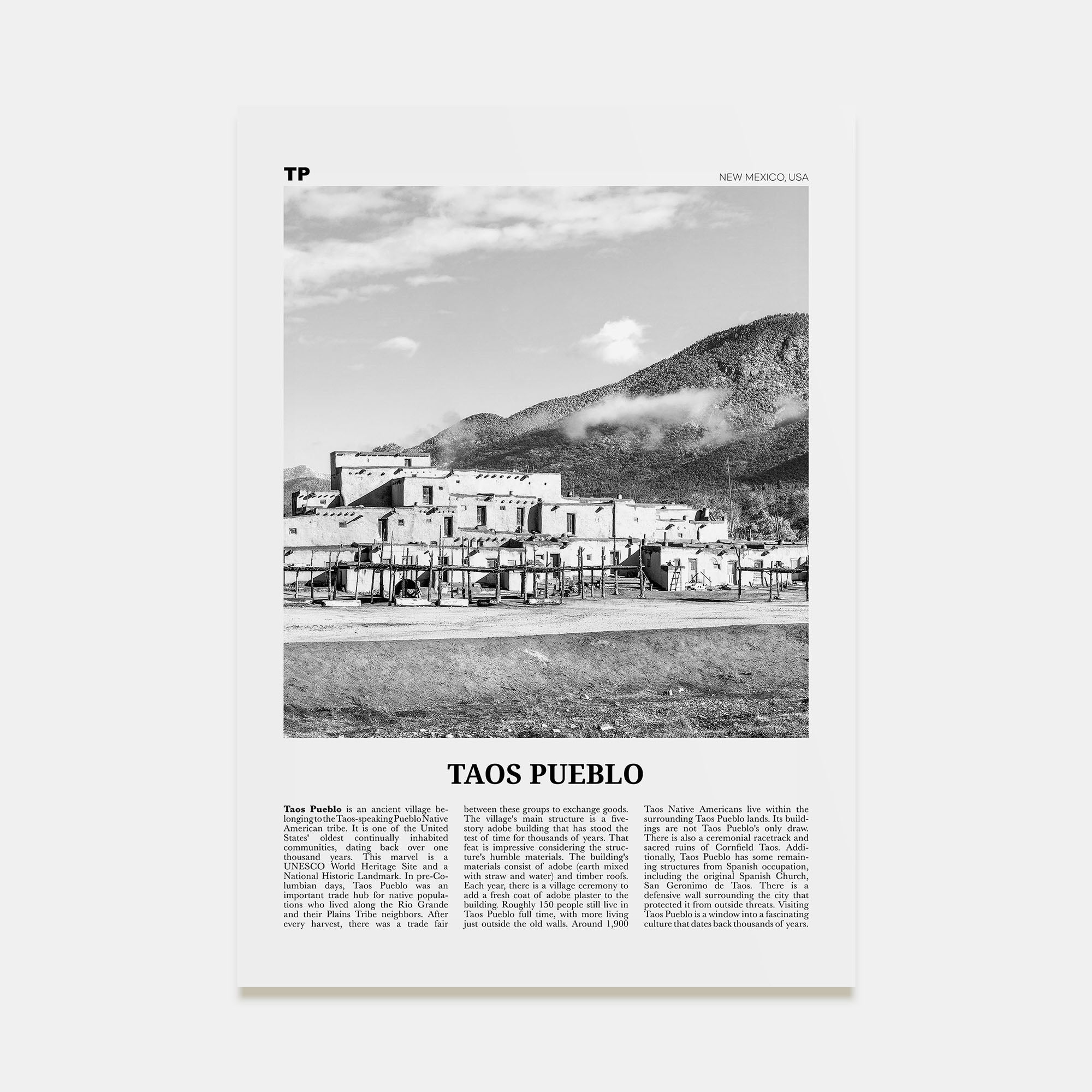 Taos Pueblo Travel B&W Poster