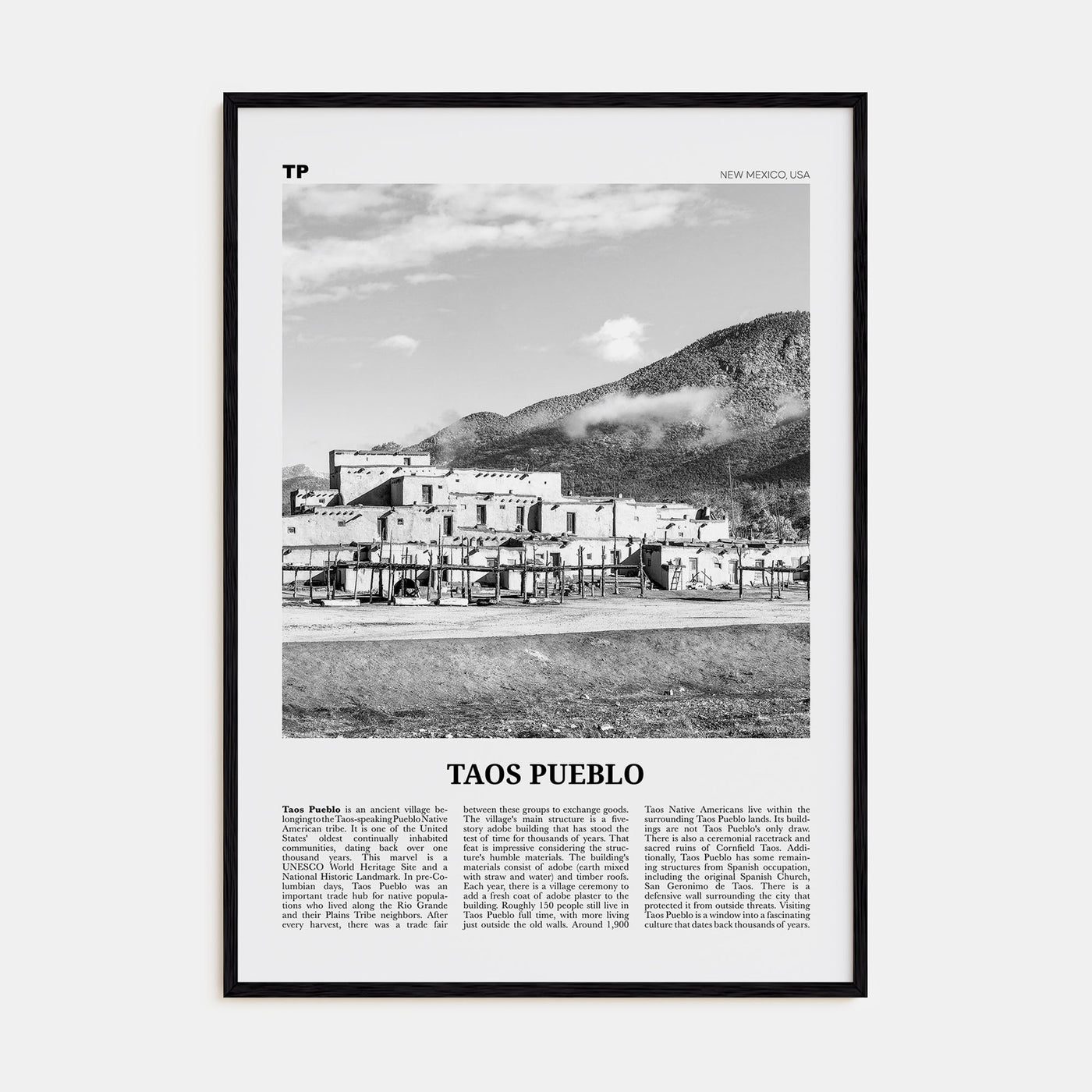 Taos Pueblo Travel B&W Poster