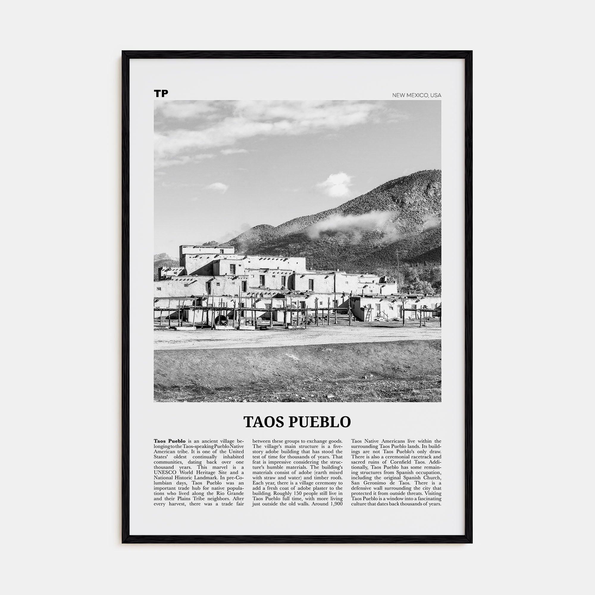 Taos Pueblo Travel B&W Poster