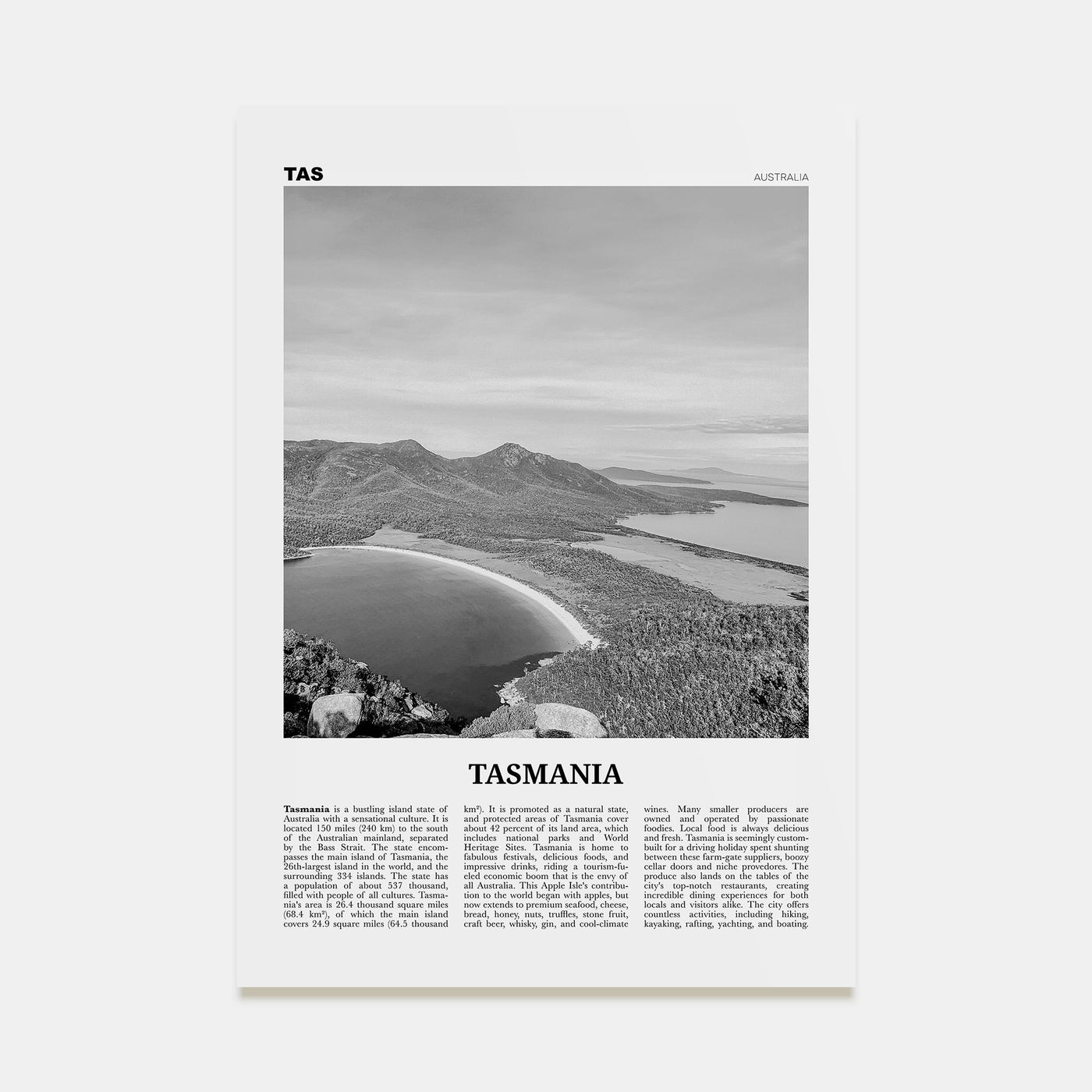 Tasmania Travel B&W No 1 Poster