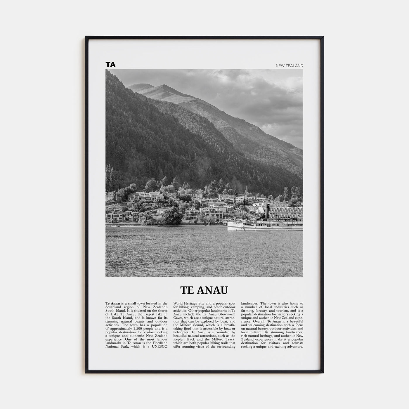 Te Anau Travel B&W Poster