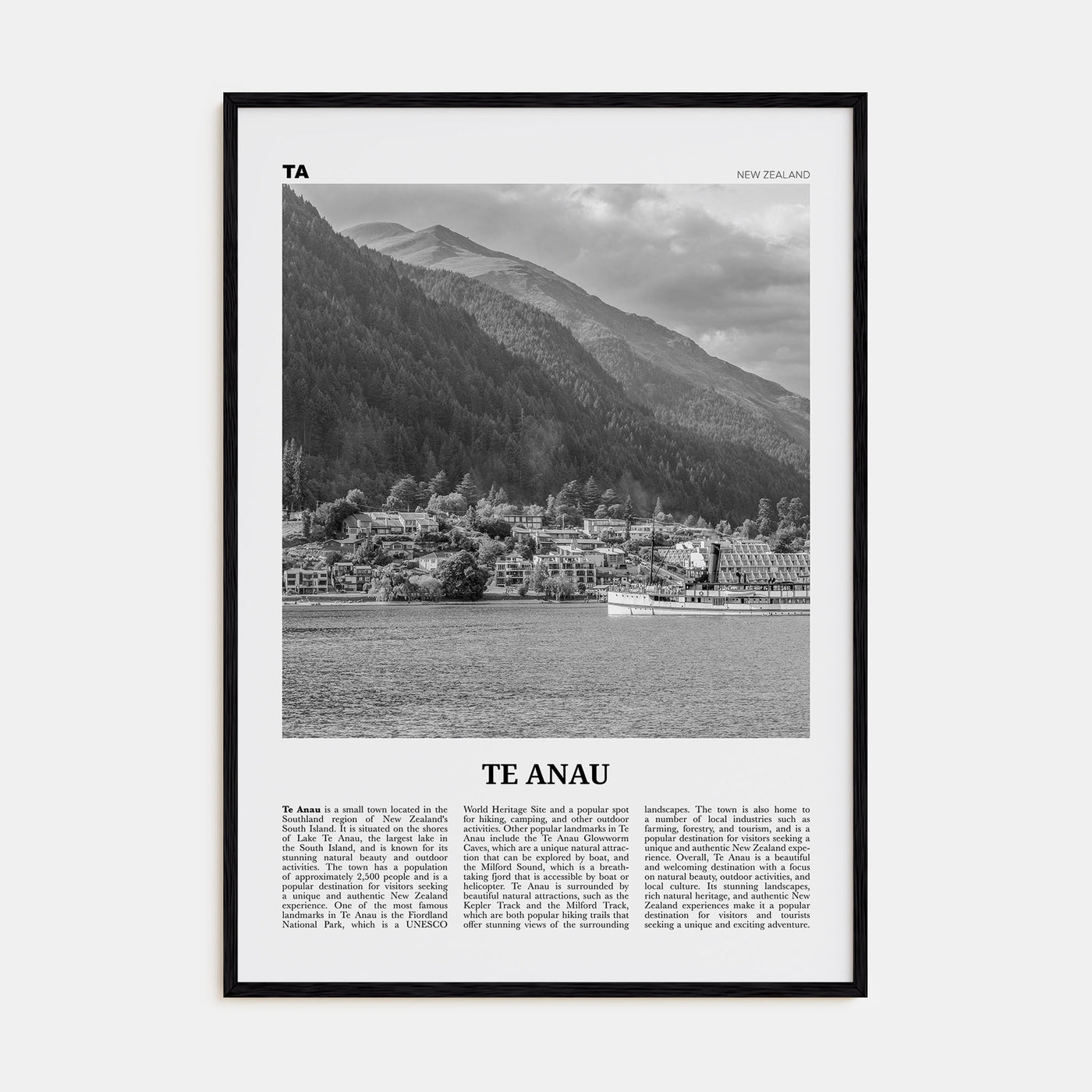 Te Anau Travel B&W Poster