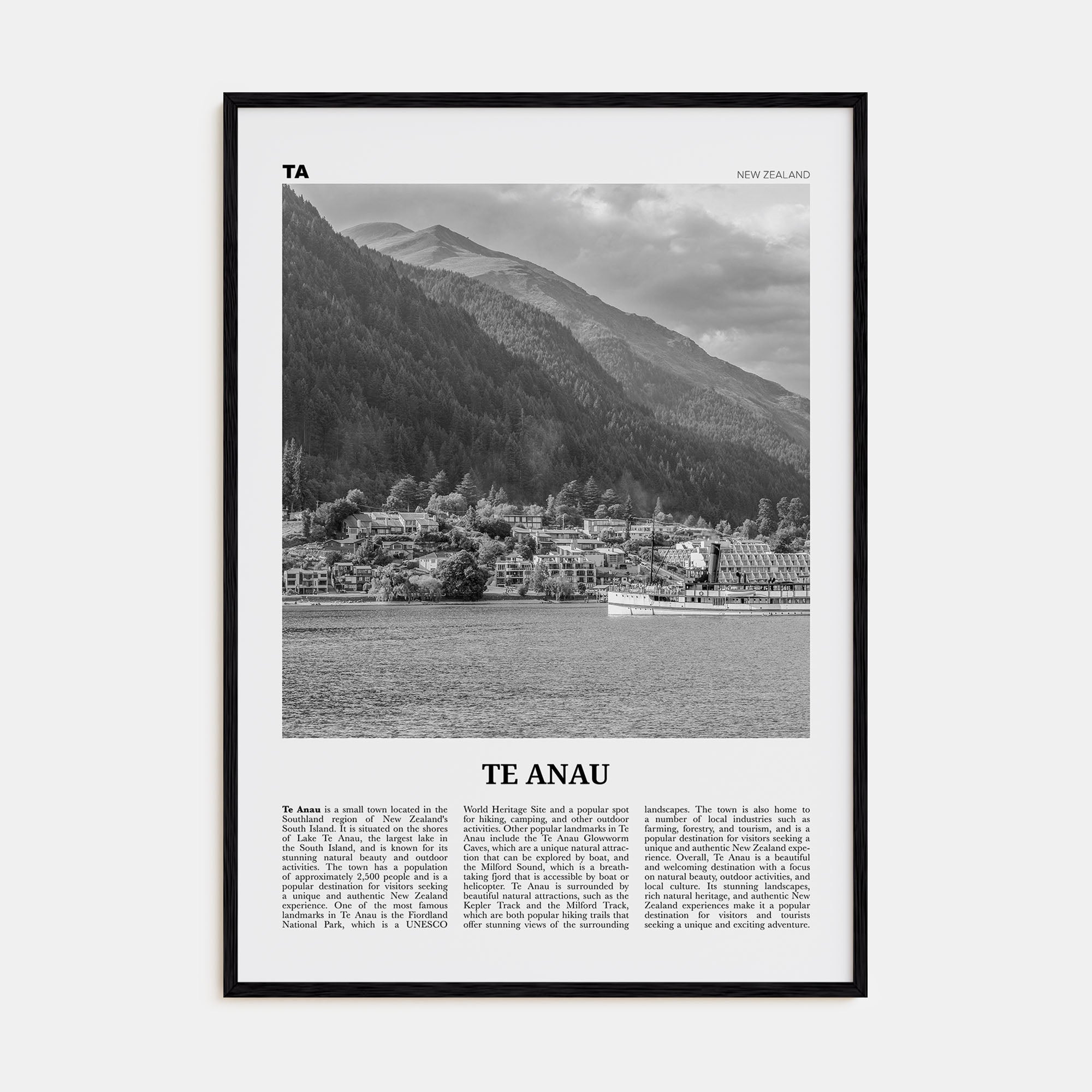 Te Anau Travel B&W Poster