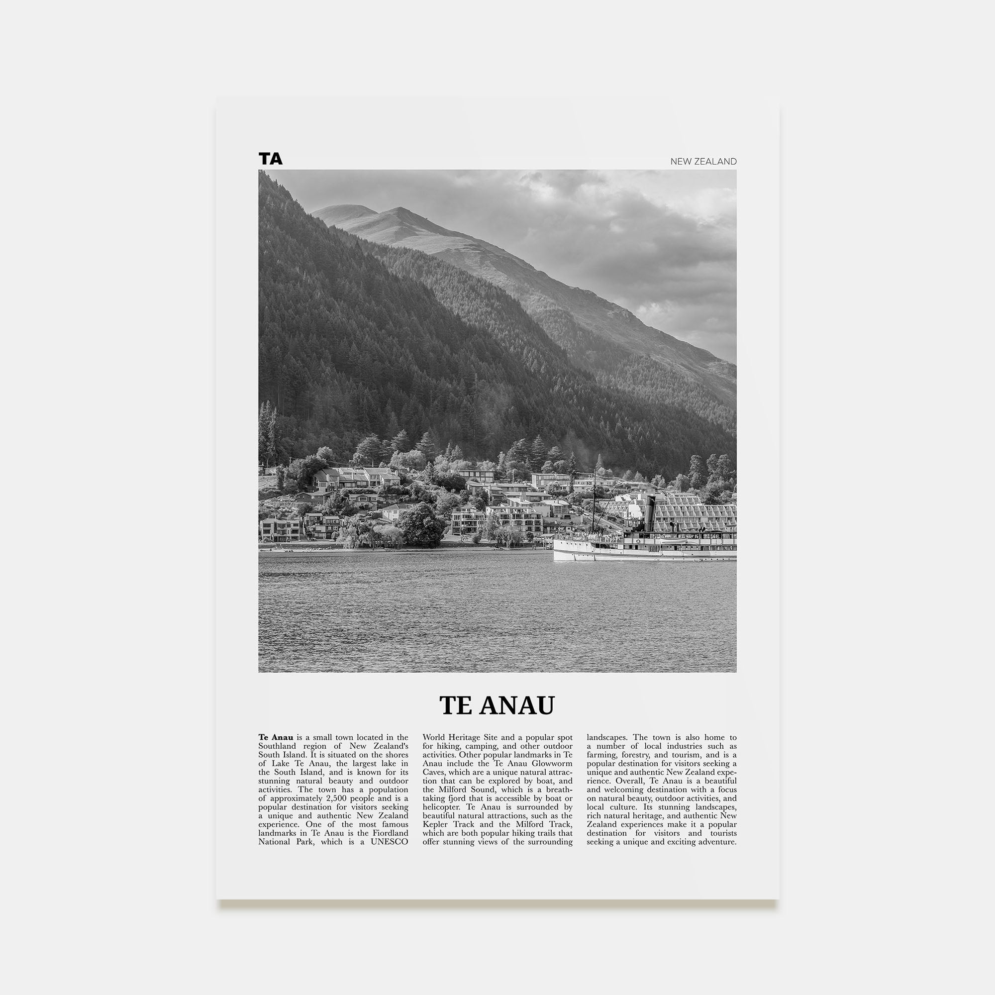 Te Anau Travel B&W Poster