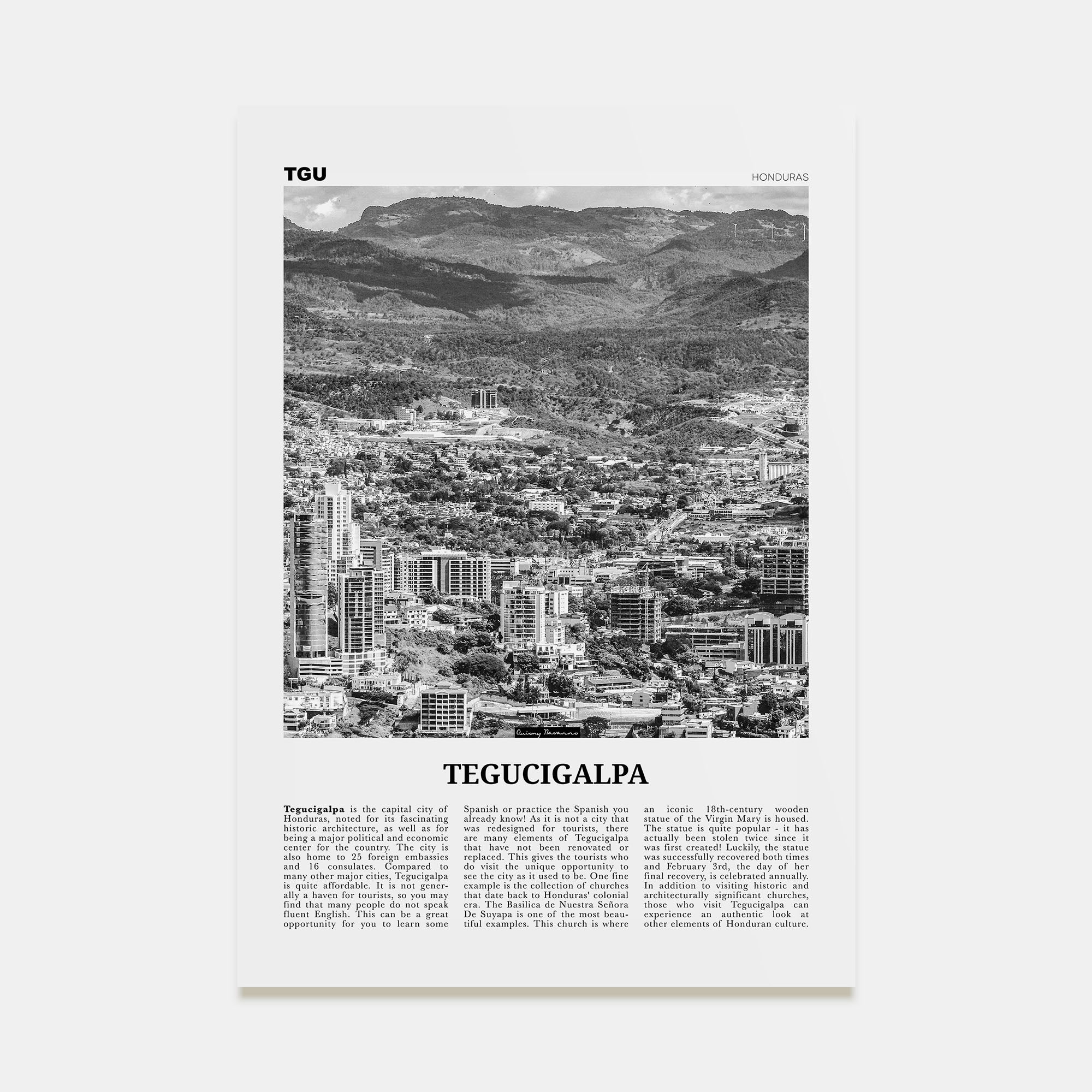Tegucigalpa Travel B&W Poster