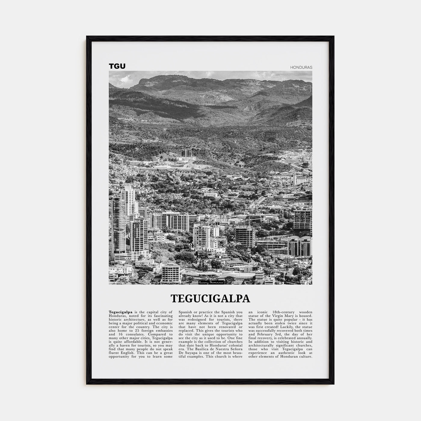 Tegucigalpa Travel B&W Poster