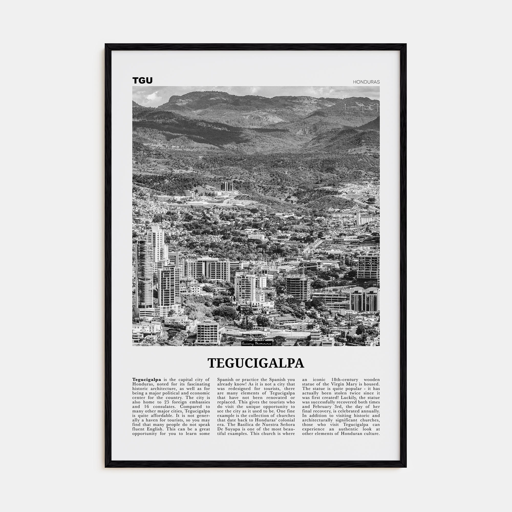 Tegucigalpa Travel B&W Poster