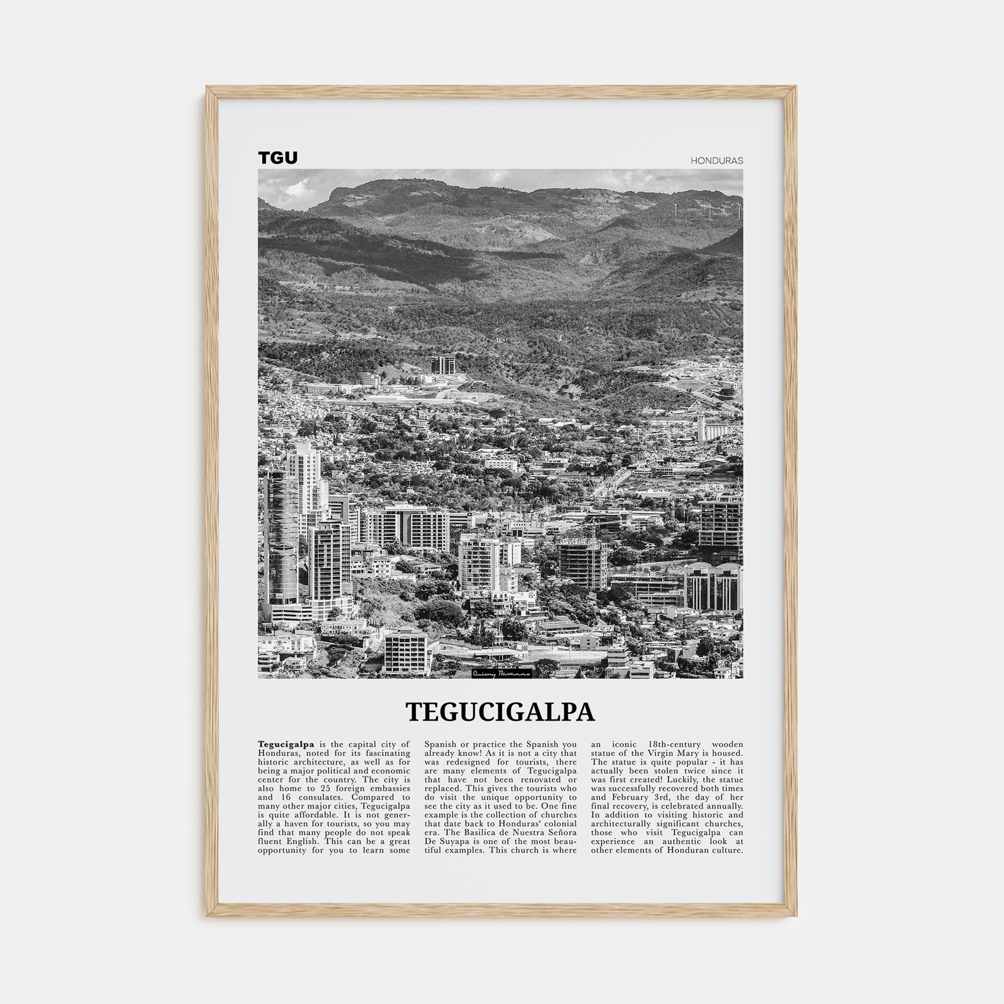 Tegucigalpa Travel B&W Poster