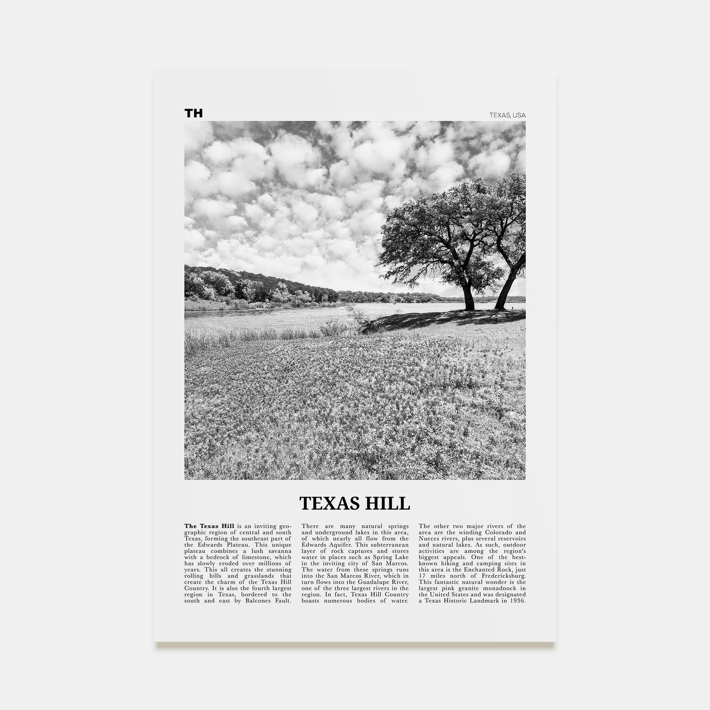 Texas Hill Travel B&W Poster