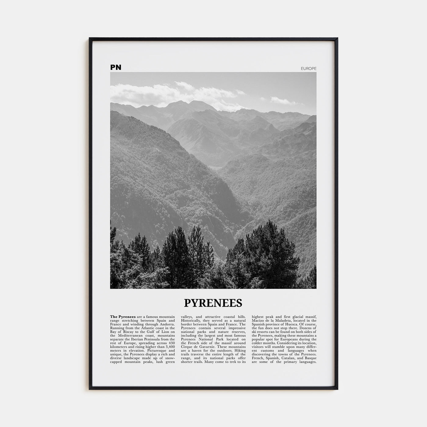 The Pyrenees Travel B&W Poster