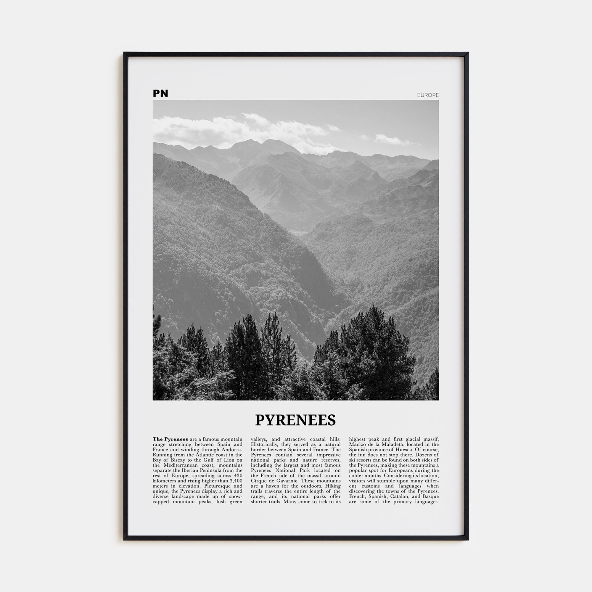 The Pyrenees Travel B&W Poster