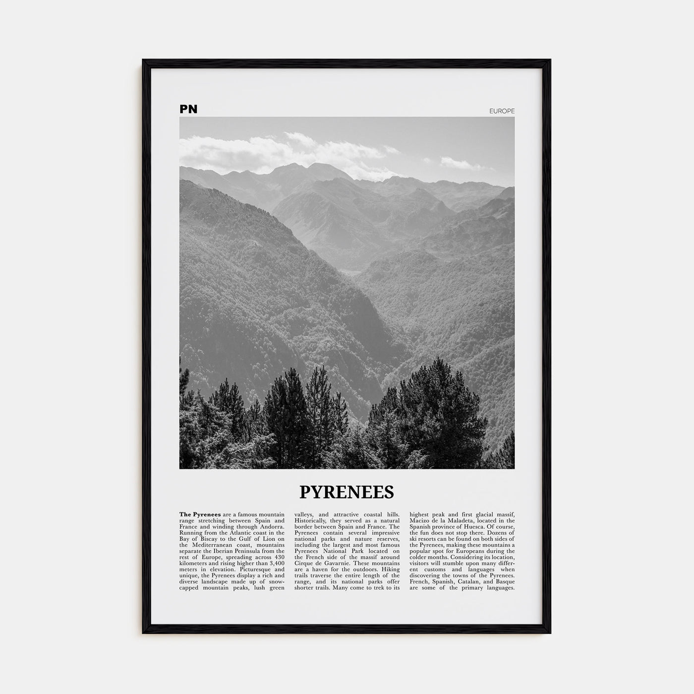 The Pyrenees Travel B&W Poster