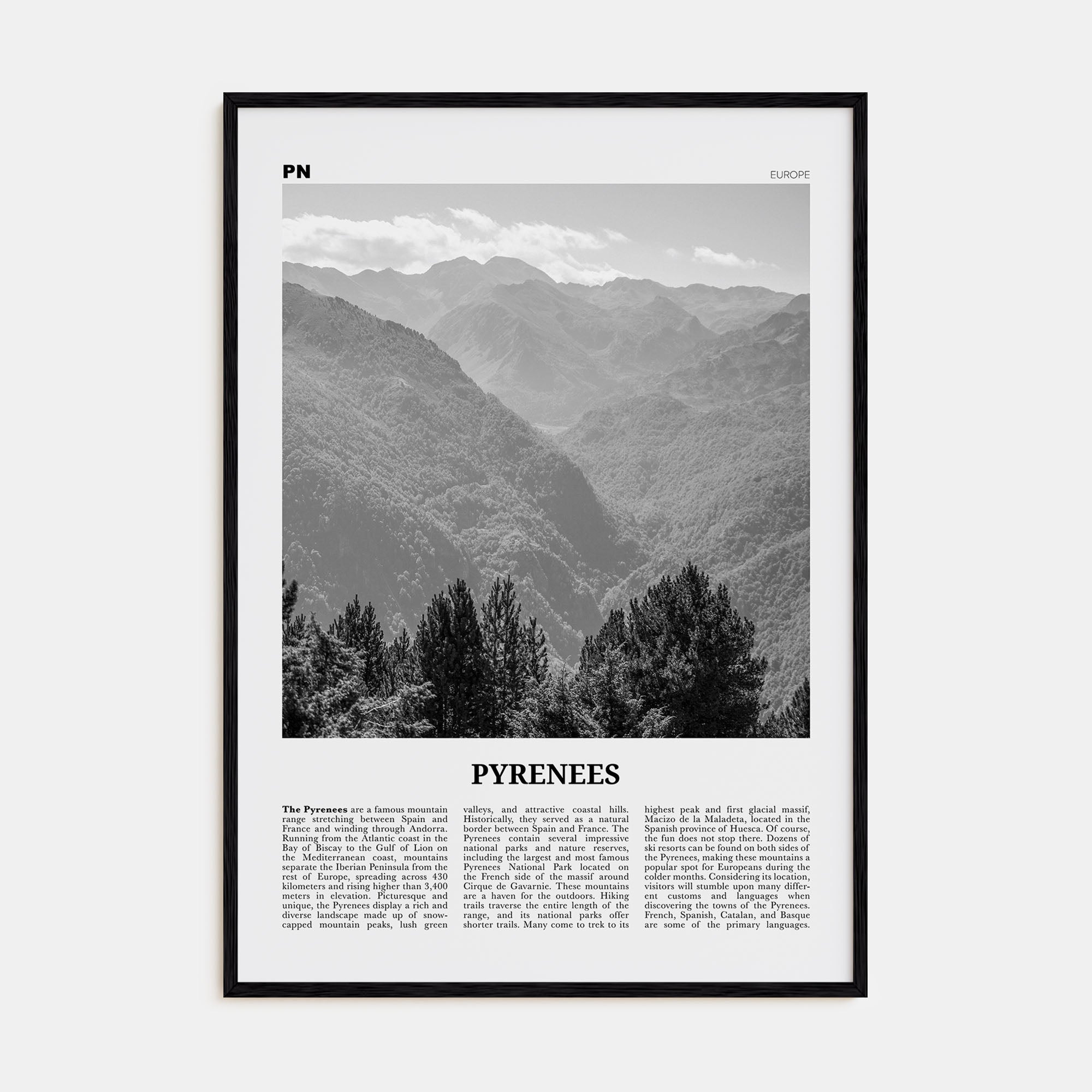 The Pyrenees Travel B&W Poster