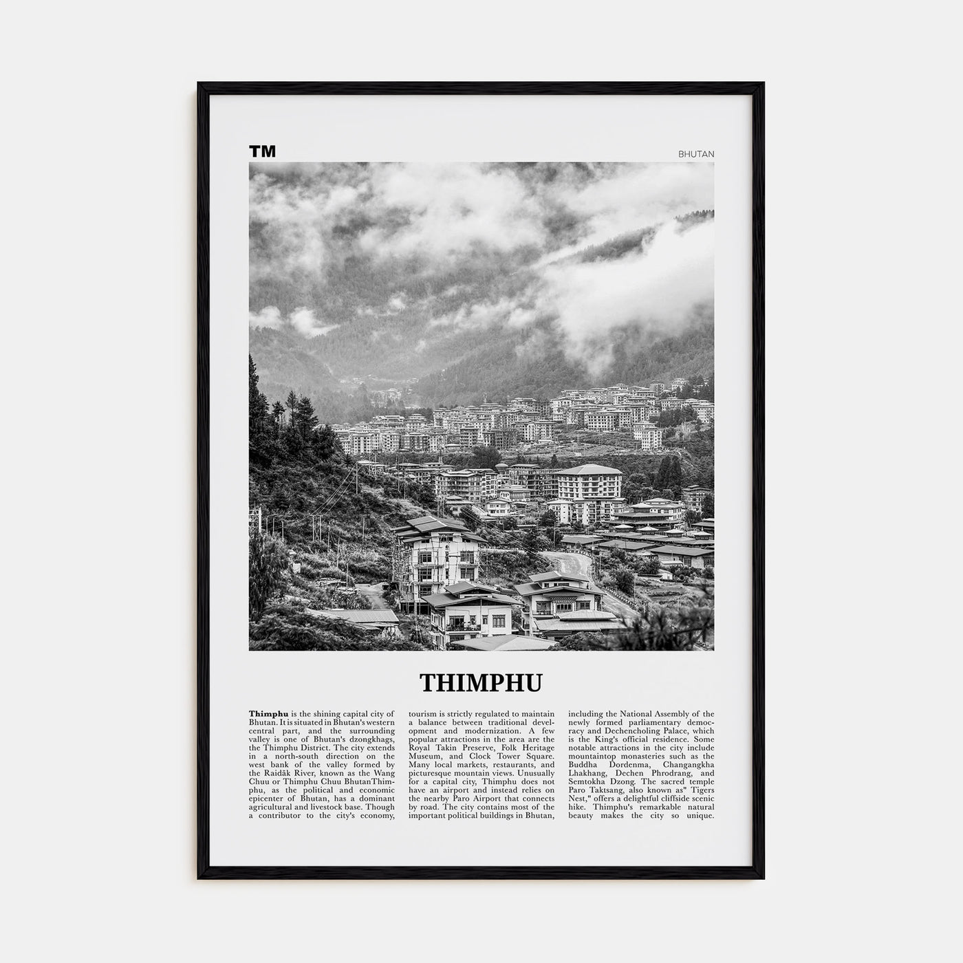 Thimphu Travel B&W Poster