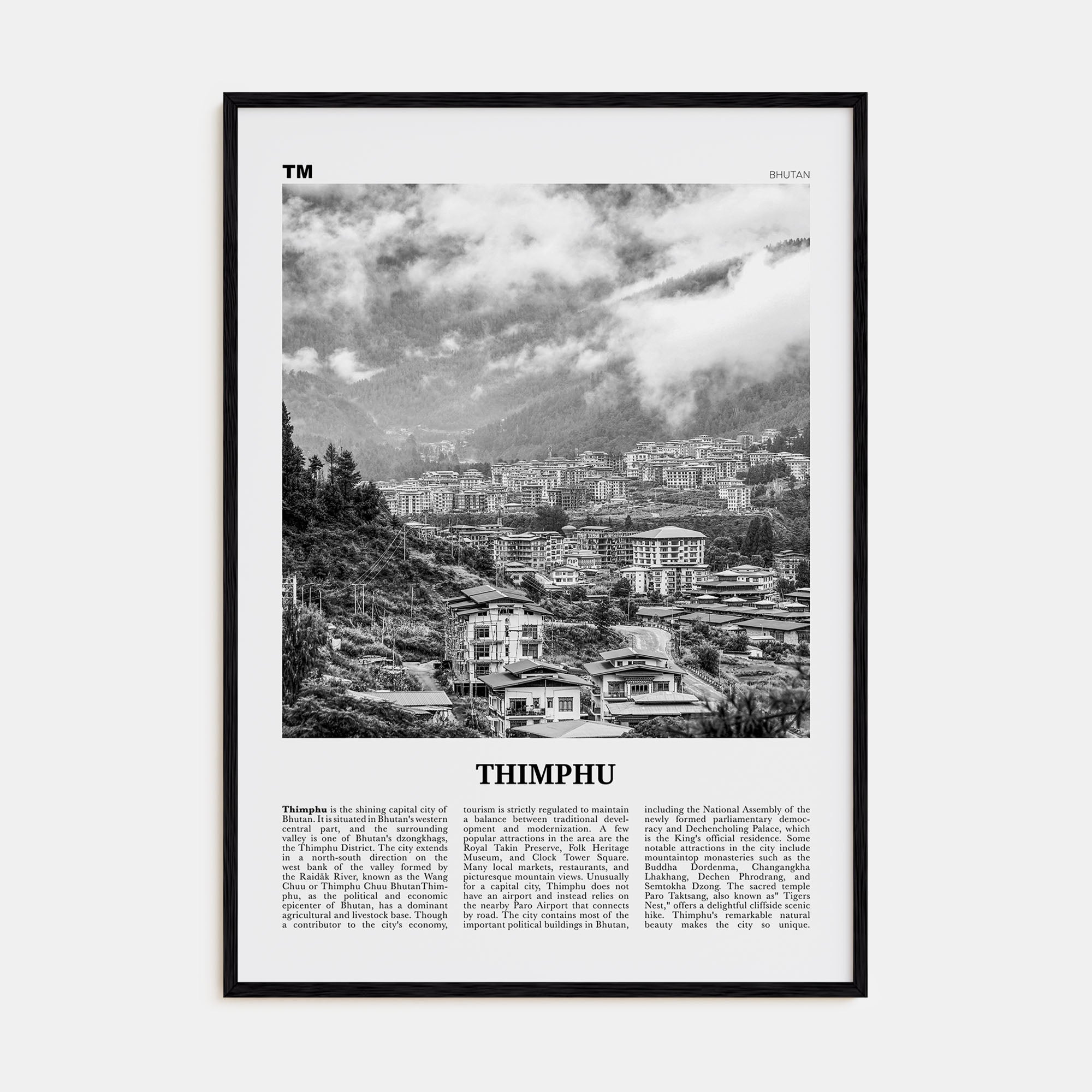 Thimphu Travel B&W Poster