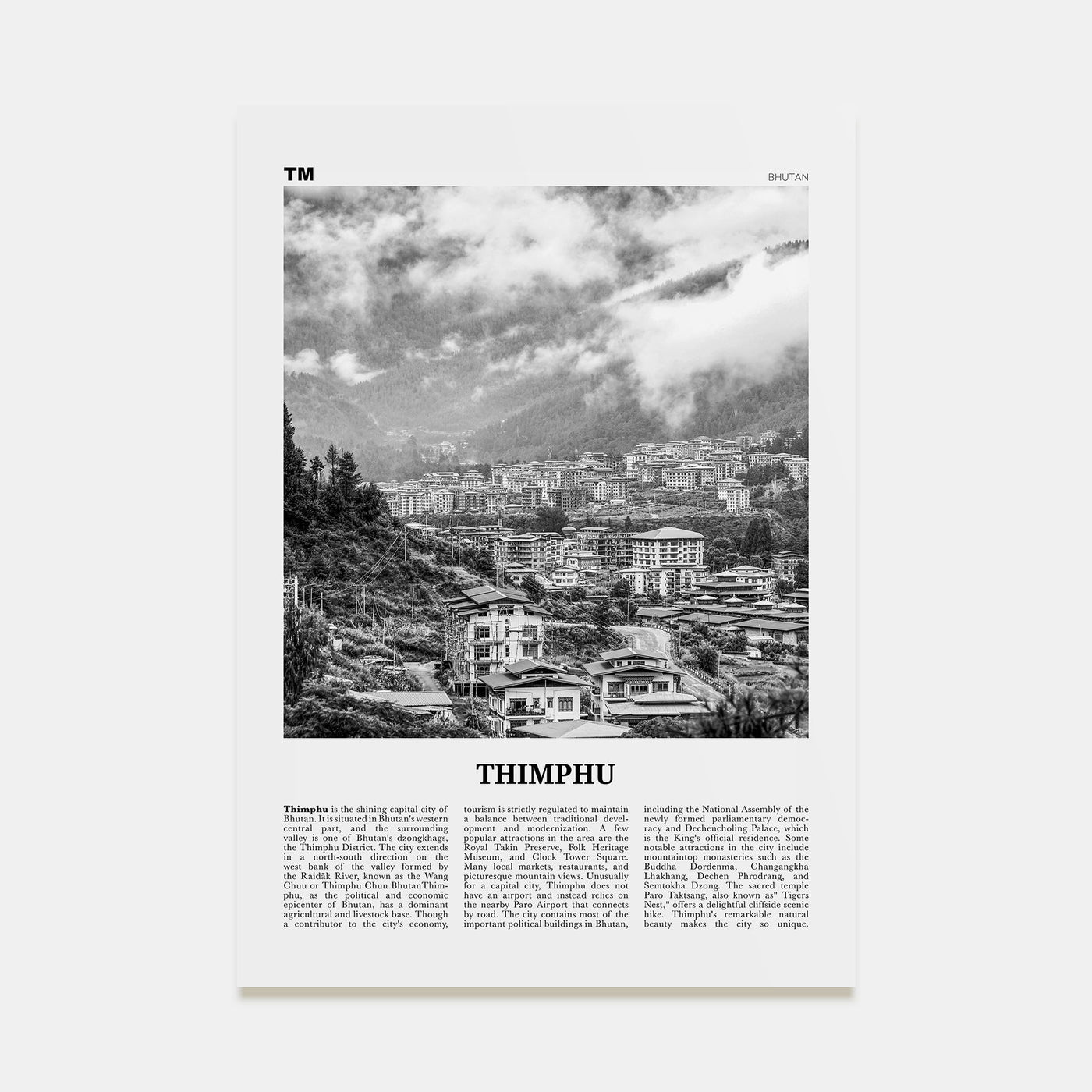 Thimphu Travel B&W Poster