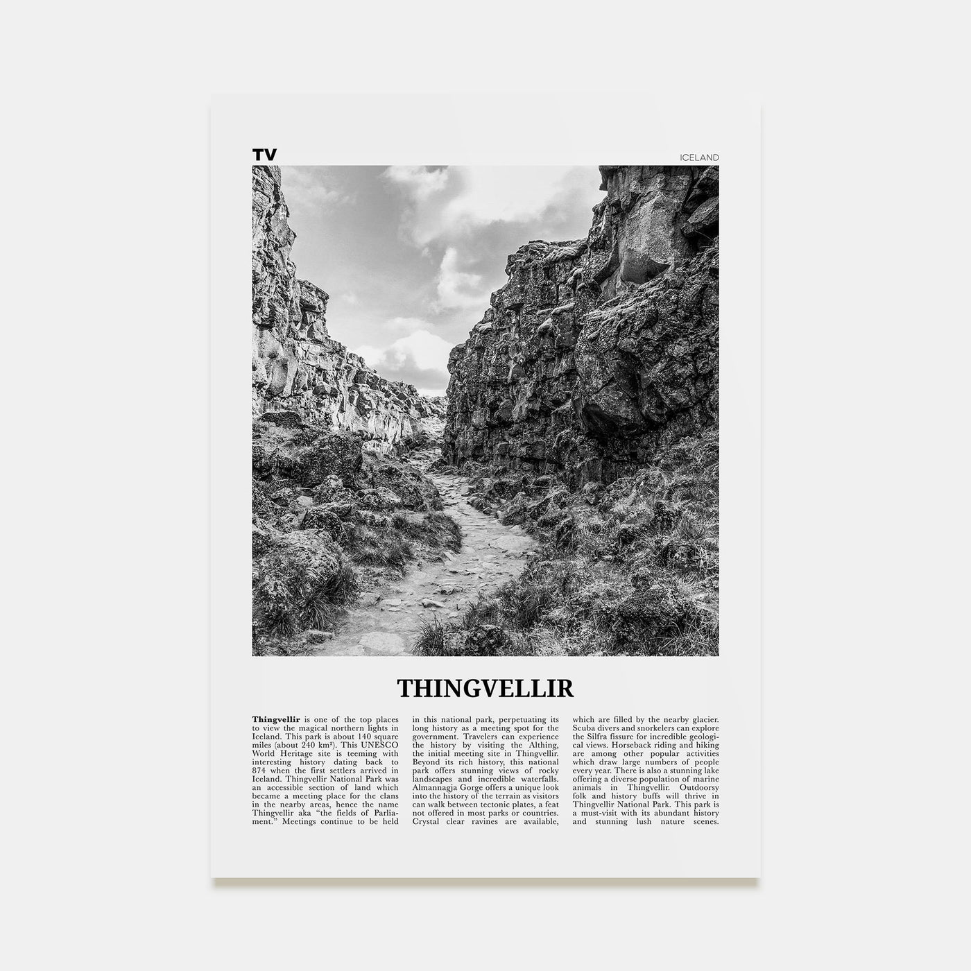Thingvellir National Park Travel B&W Poster