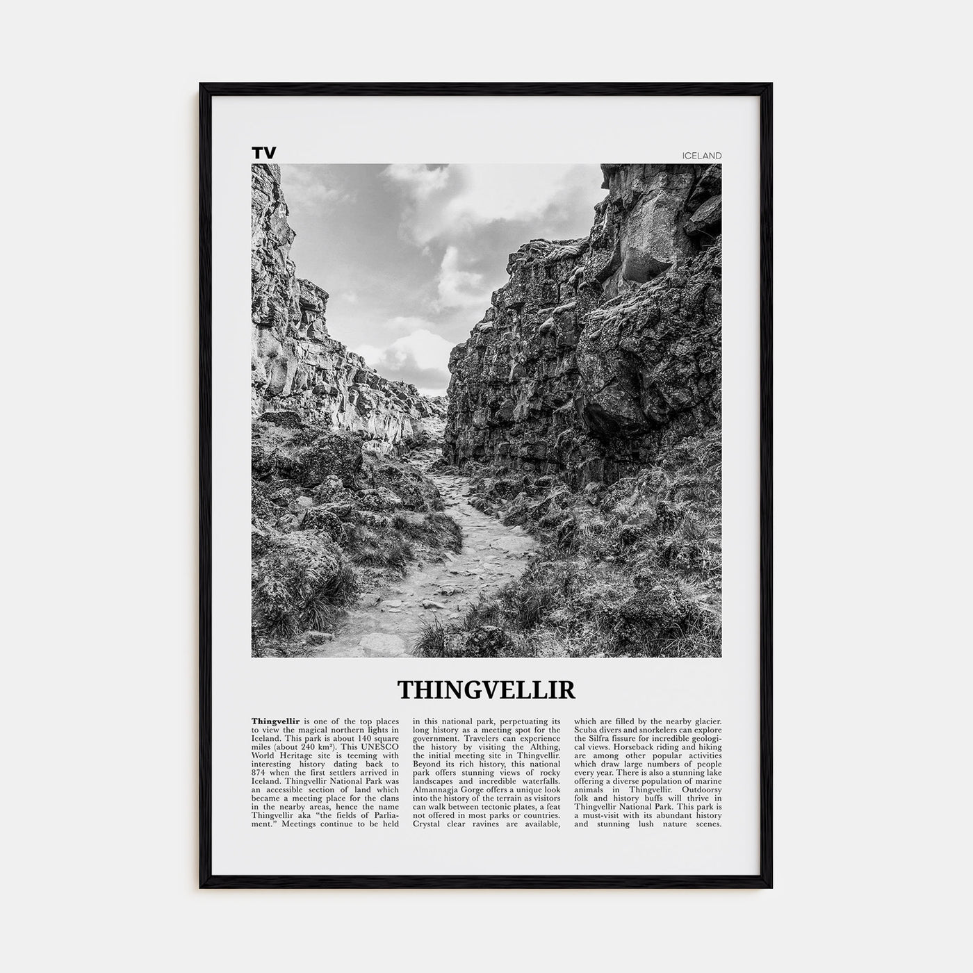 Thingvellir National Park Travel B&W Poster
