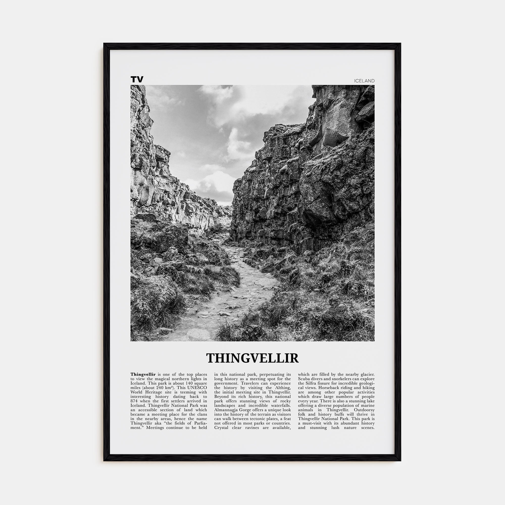Thingvellir National Park Travel B&W Poster