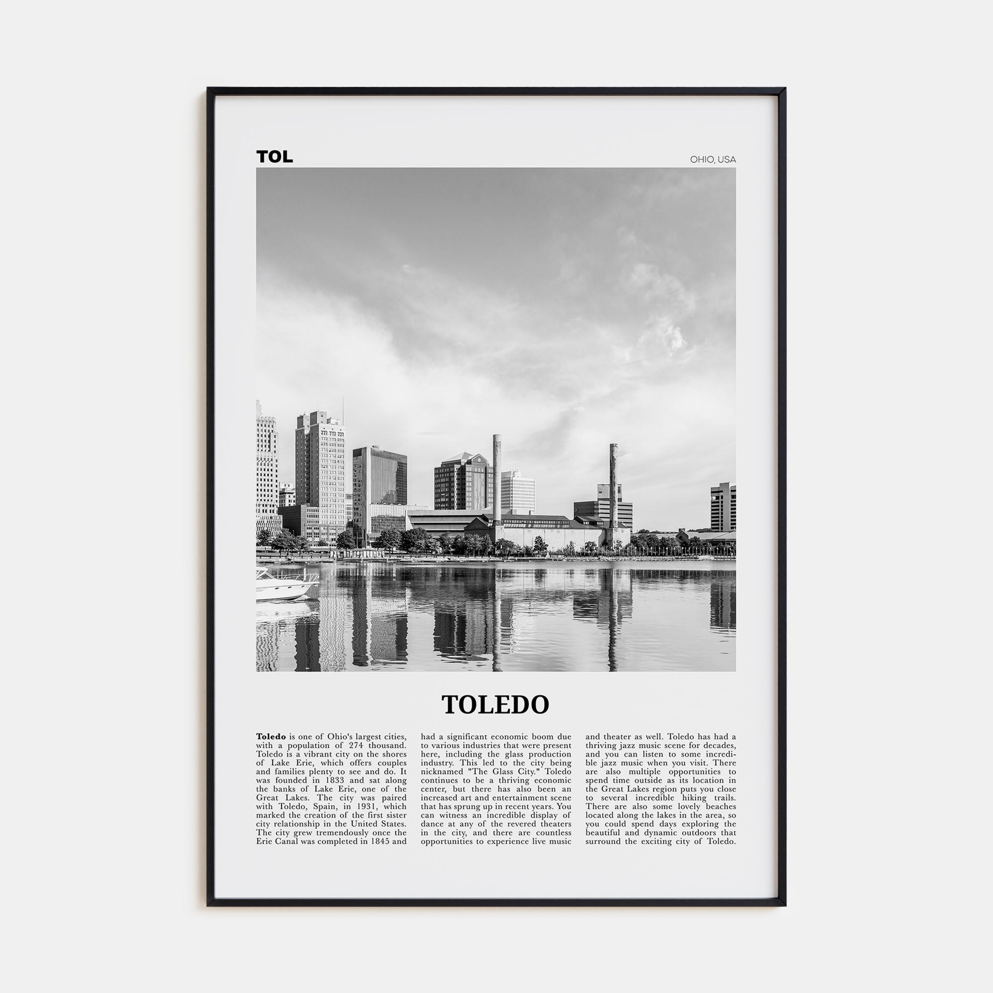 Toledo, Ohio Travel B&W Poster