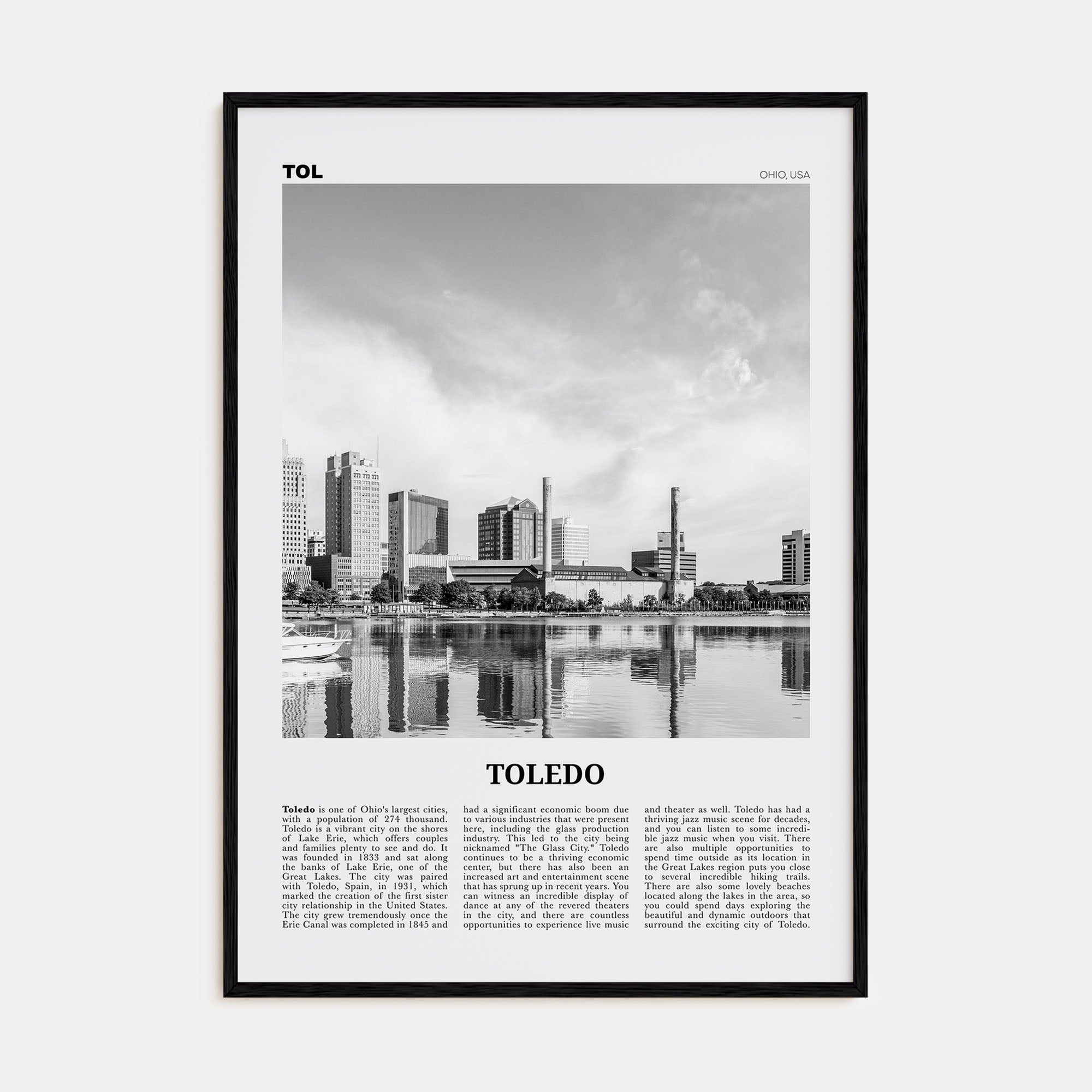 Toledo, Ohio Travel B&W Poster