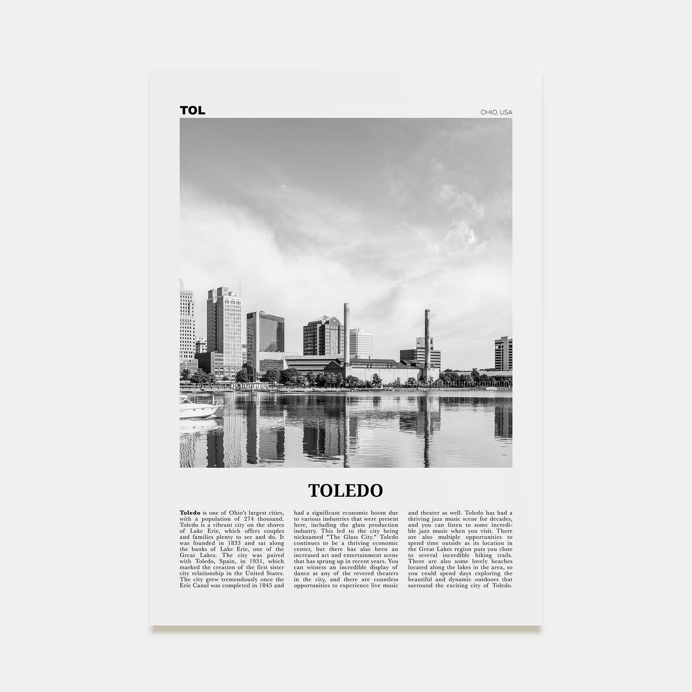 Toledo, Ohio Travel B&W Poster