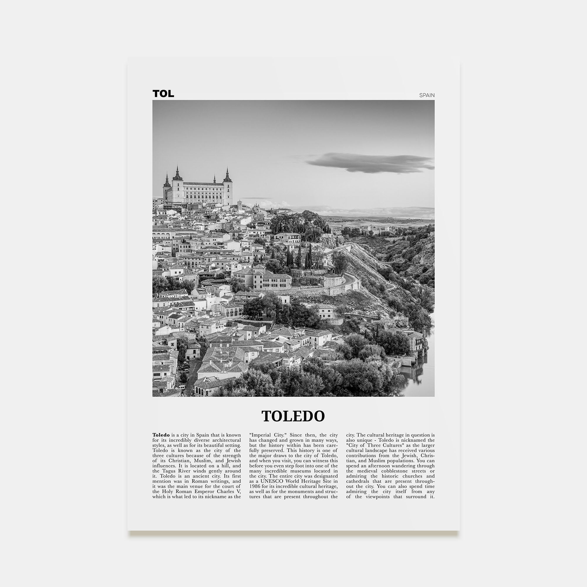 Toledo, Spain Travel B&W Poster