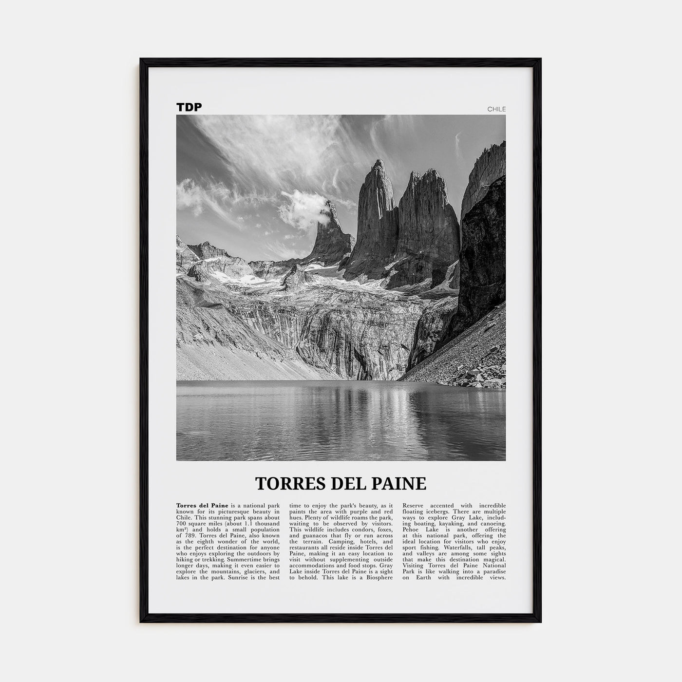 Torres del Paine Travel B&W Poster