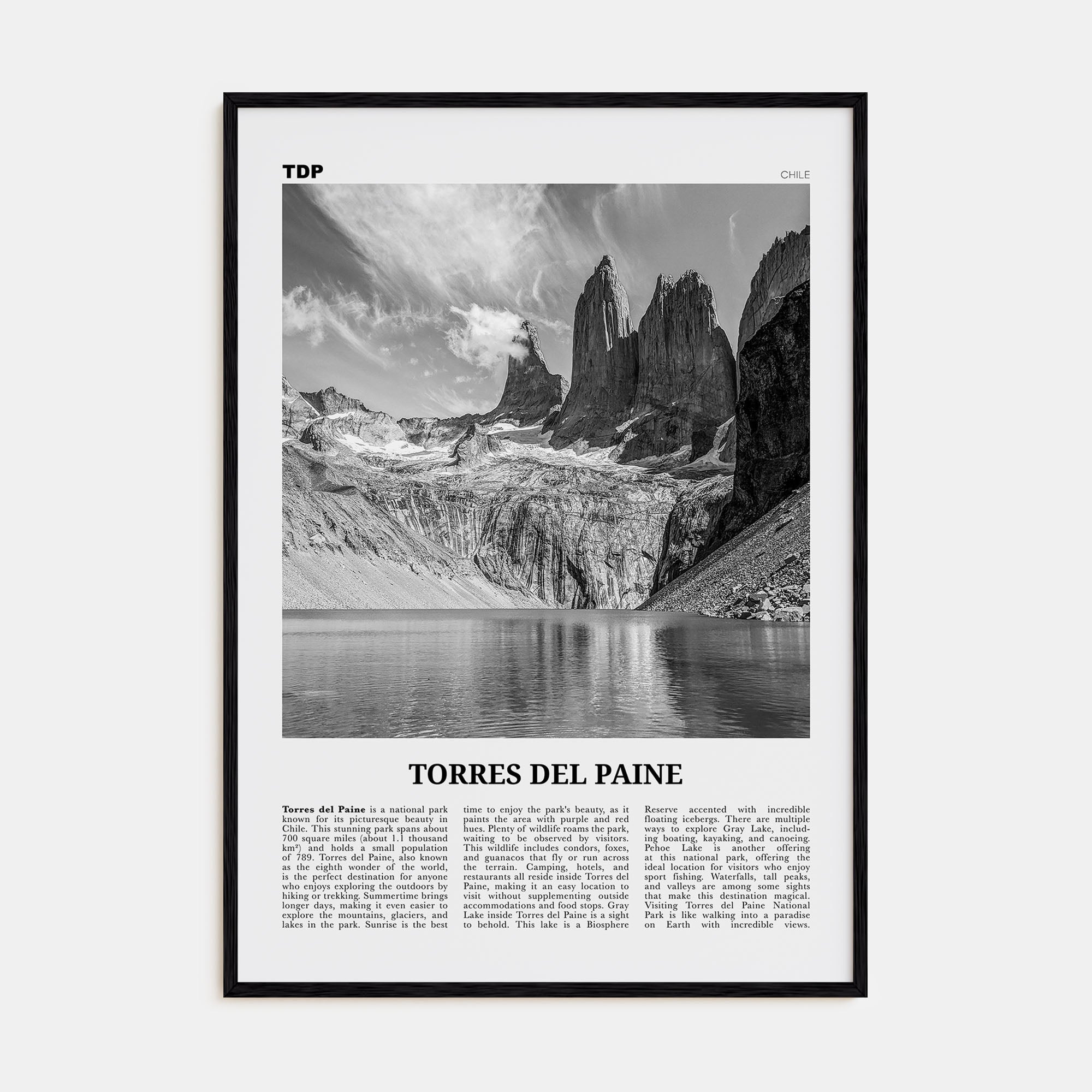 Torres del Paine Travel B&W Poster