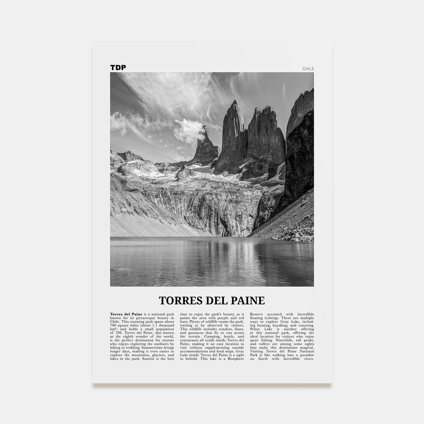 Torres del Paine Travel B&W Poster