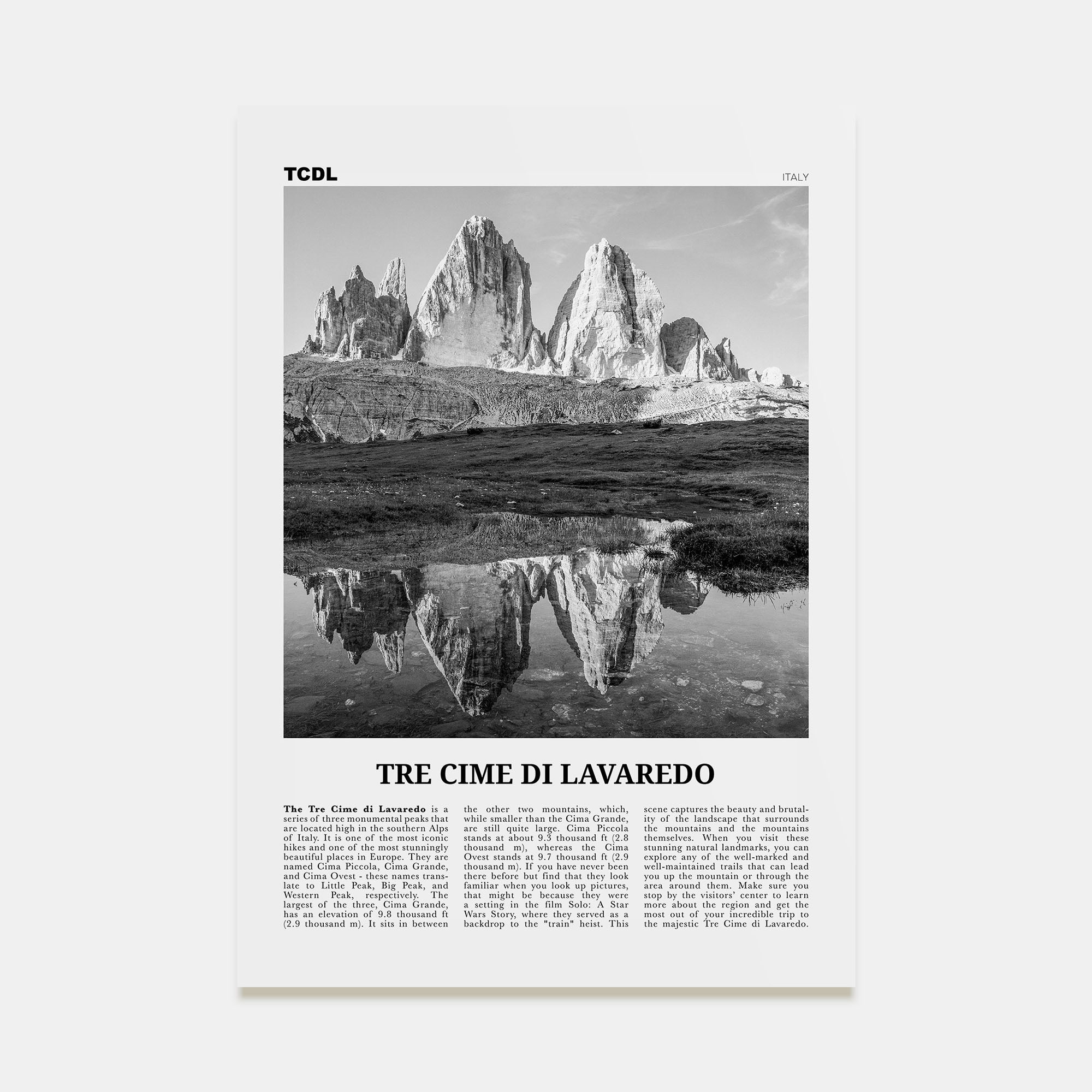 Tre Cime di Lavaredo Travel B&W Poster