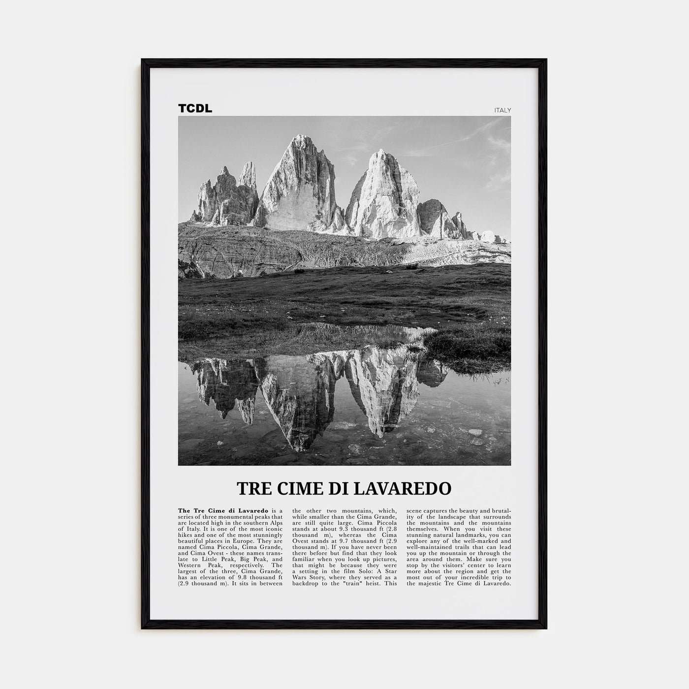 Tre Cime di Lavaredo Travel B&W Poster