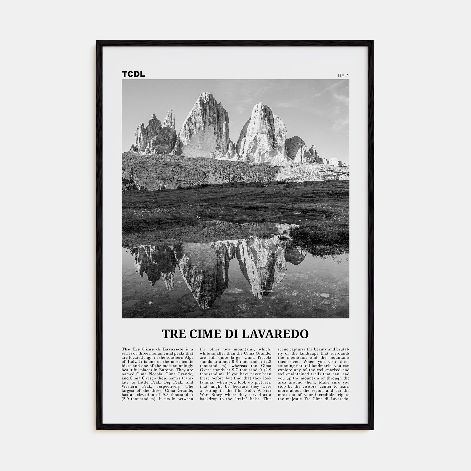 Tre Cime di Lavaredo Travel B&W Poster
