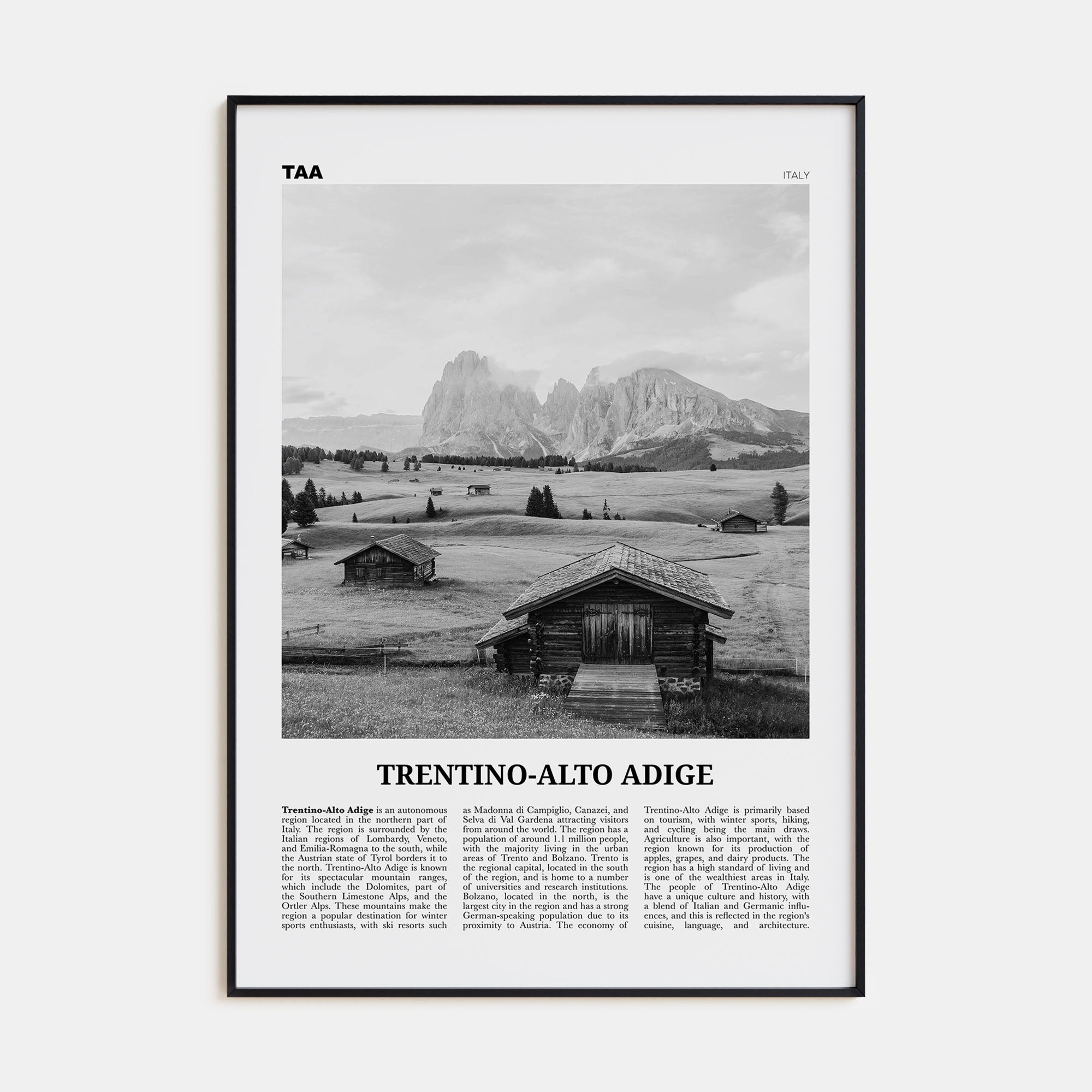 Trentino-Alto Adige Travel B&W Poster