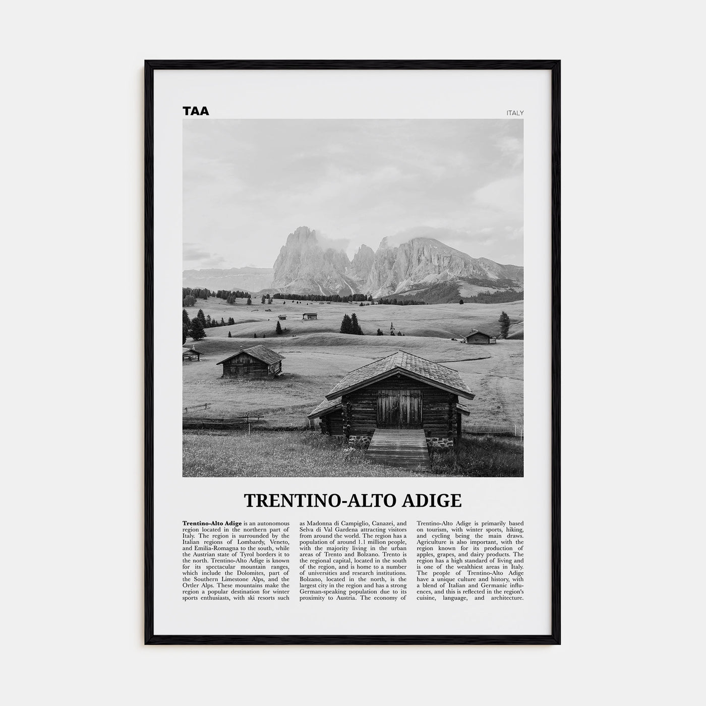 Trentino-Alto Adige Travel B&W Poster