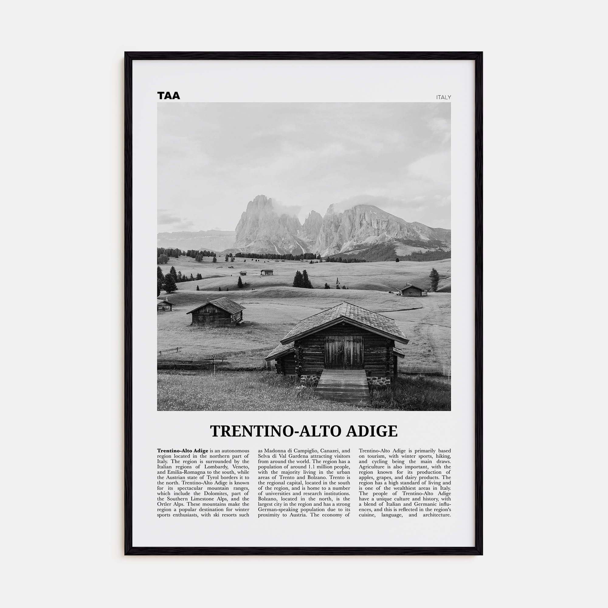 Trentino-Alto Adige Travel B&W Poster