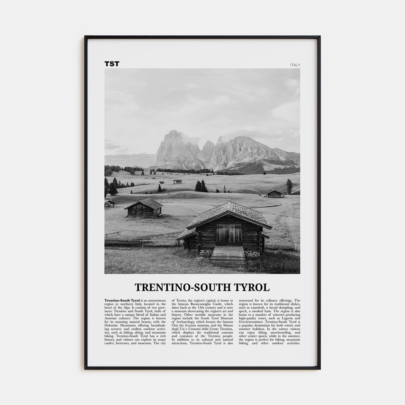 Trentino-South Tyrol Travel B&W Poster