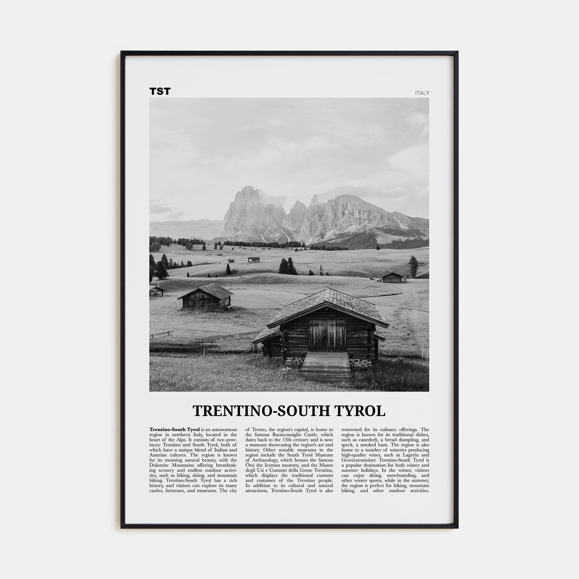 Trentino-South Tyrol Travel B&W Poster