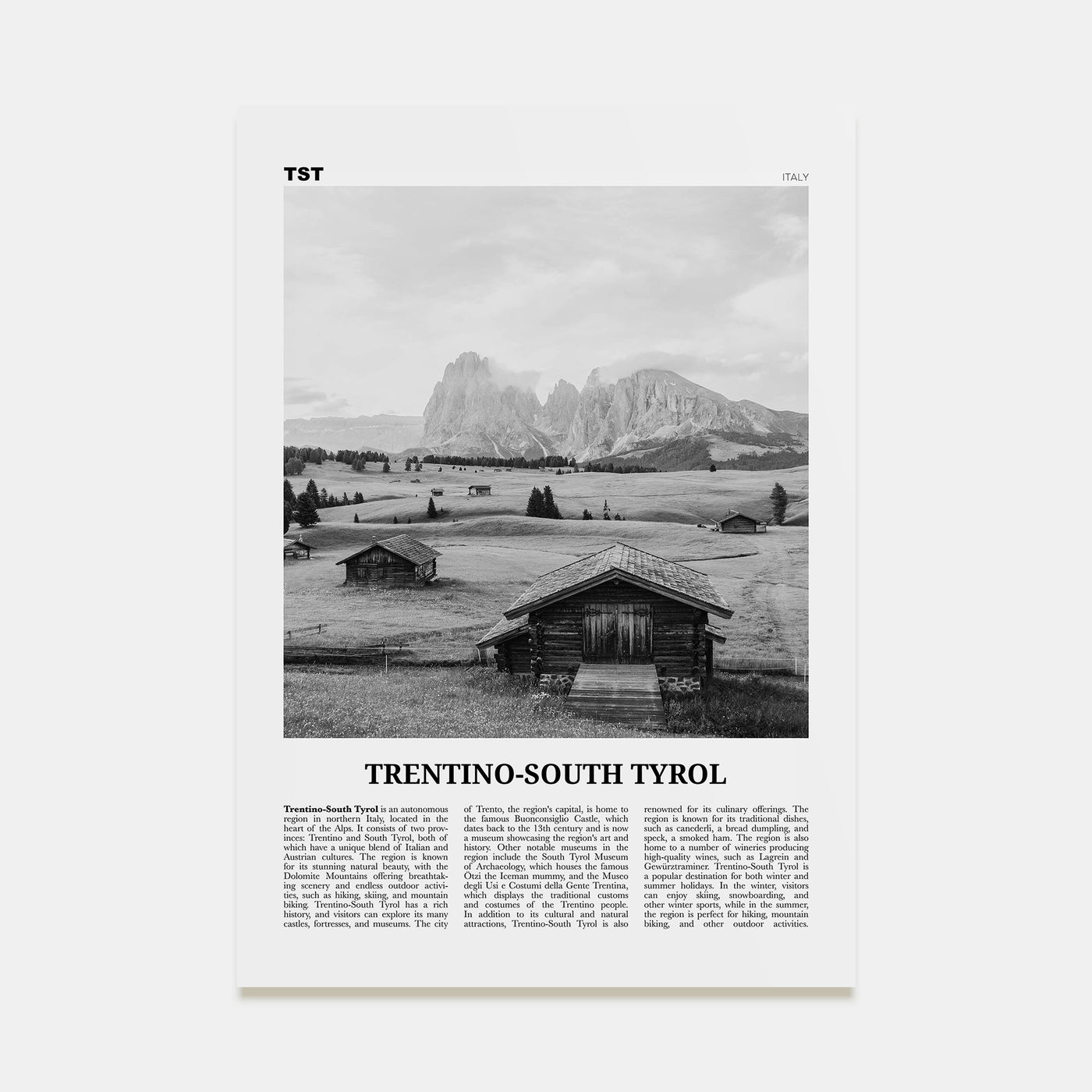 Trentino-South Tyrol Travel B&W Poster