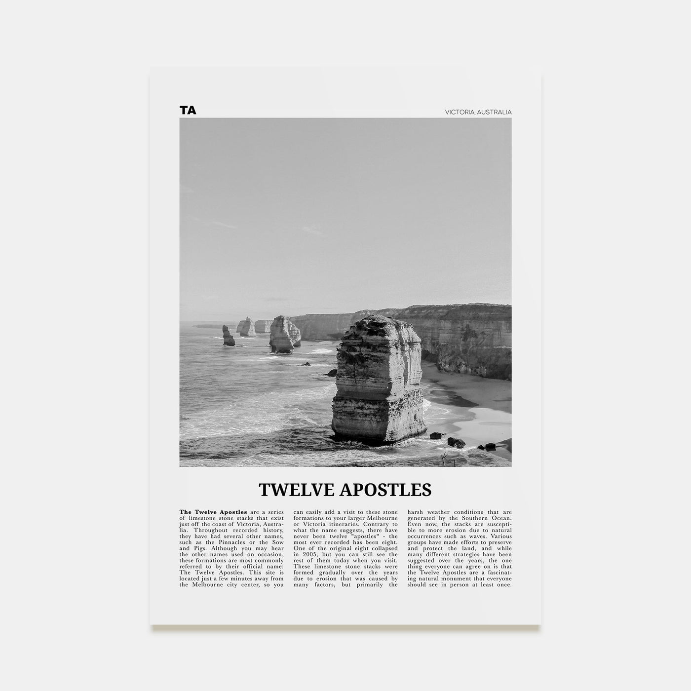 Twelve Apostles Travel B&W Poster