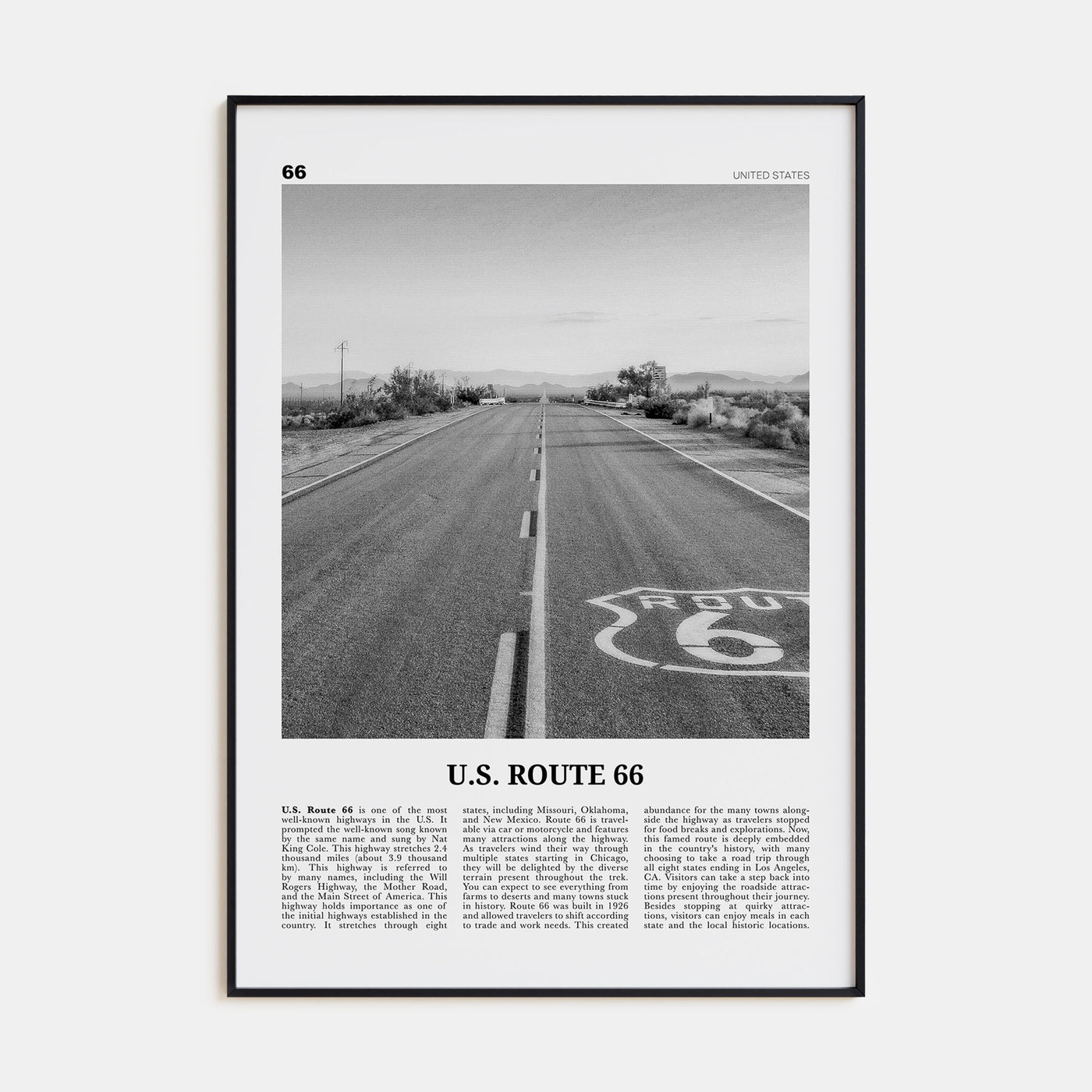 U.S. Route 66 Travel B&W Poster