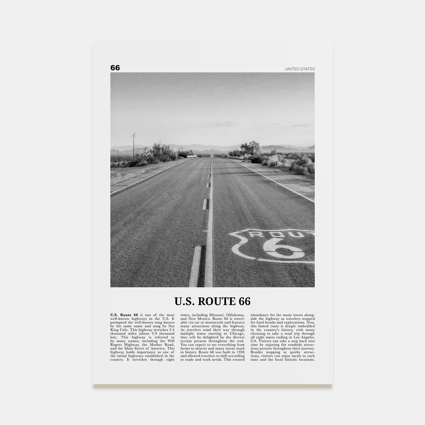 U.S. Route 66 Travel B&W Poster