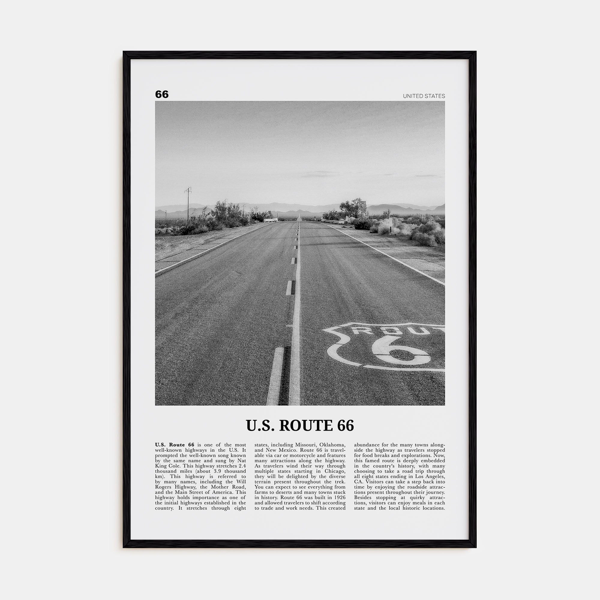 U.S. Route 66 Travel B&W Poster