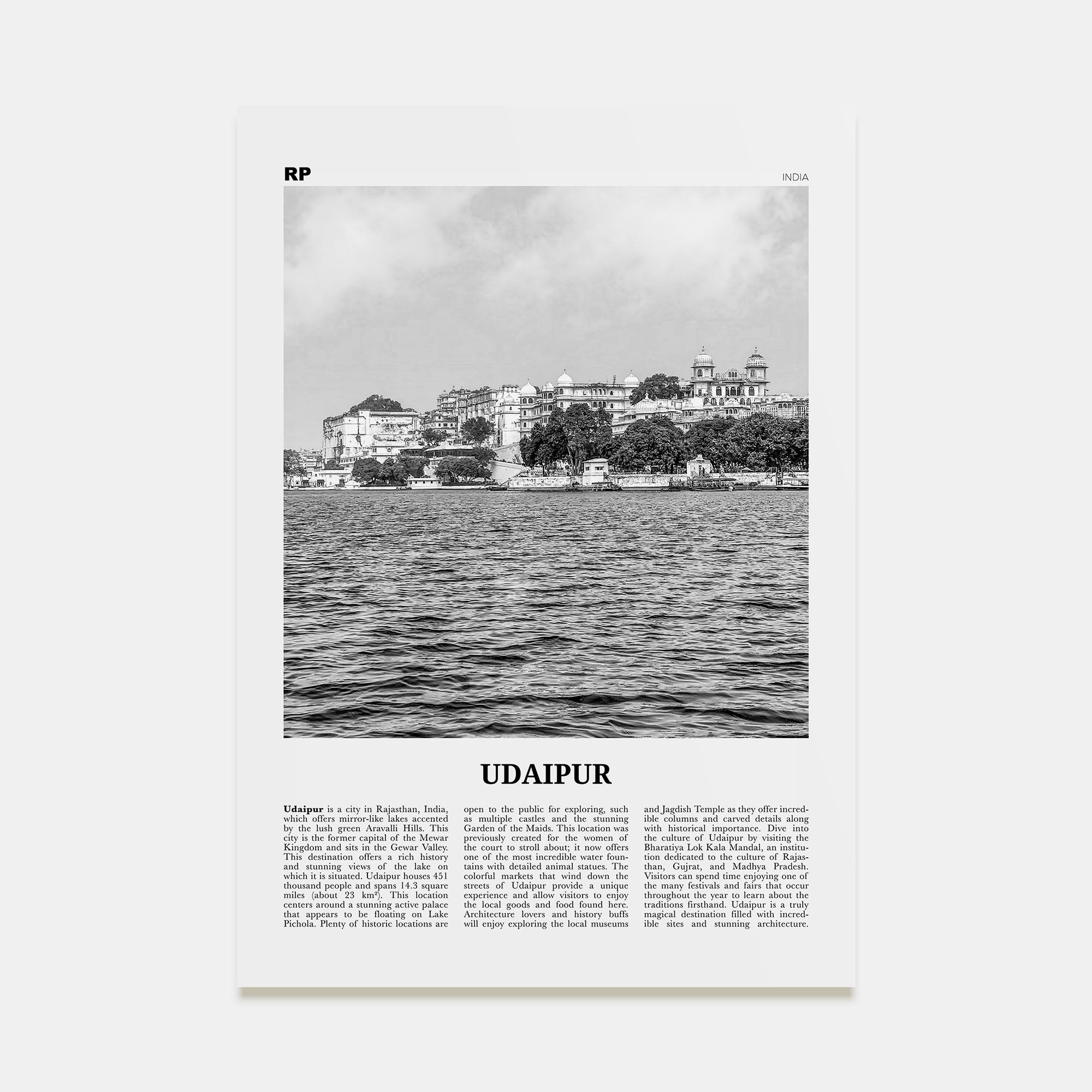 Udaipur Travel B&W Poster